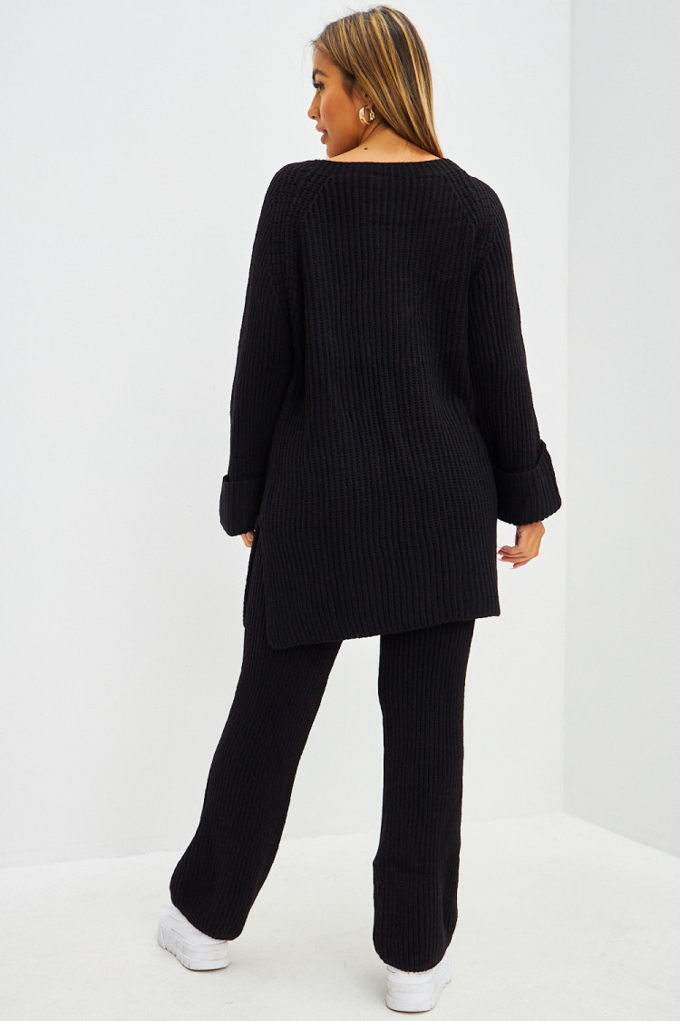 Ensemble 2 pièces pull long + pantalon en grosses mailles noir