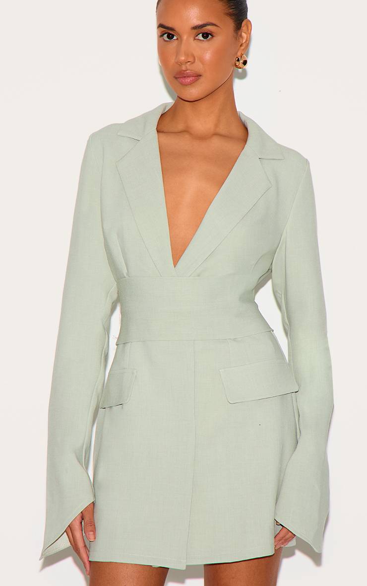 Vert Sauge Robe Blazer Ceinturée En Tissu Tissé