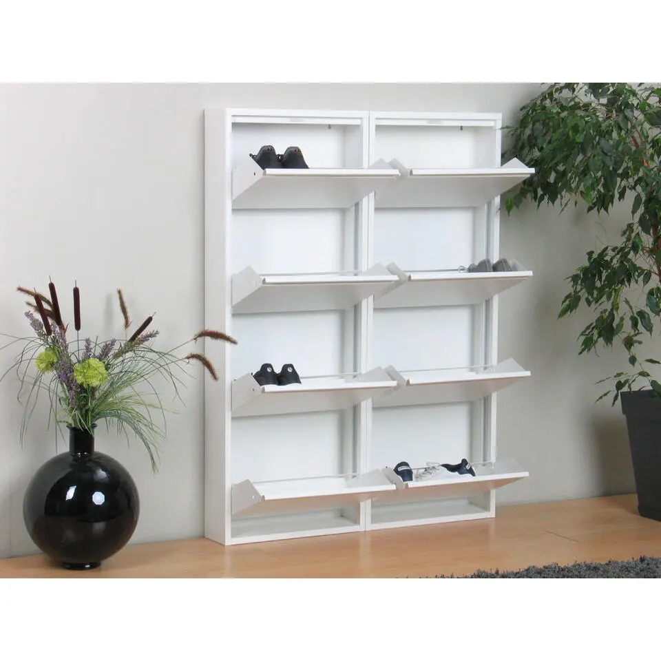 Hioshop Pisa schoenenkast wit metaal met 4 vakken - set van 2