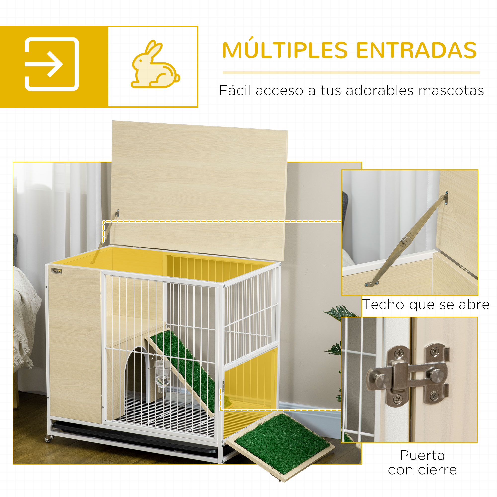 Gaiola de madeira PawHut para coelhos com rodas, móvel para coelhos de interior, 78x52,5x76,5 cm, com mesa lateral com teto que abre, cercado, bandeja removível, bebedouro e rampa, cor carvalho.