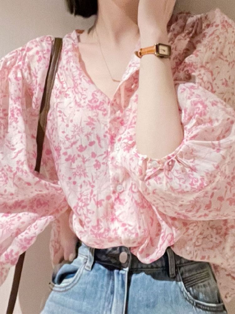 Happo - Bloemenblouse met lange mouwen en V-hals