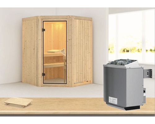 Karibu Larina modulaire sauna inclusief 9 kW kachel en geïntegreerde bedieningseenheid, zonder dakrand, met gebronsde volledig glazen deur