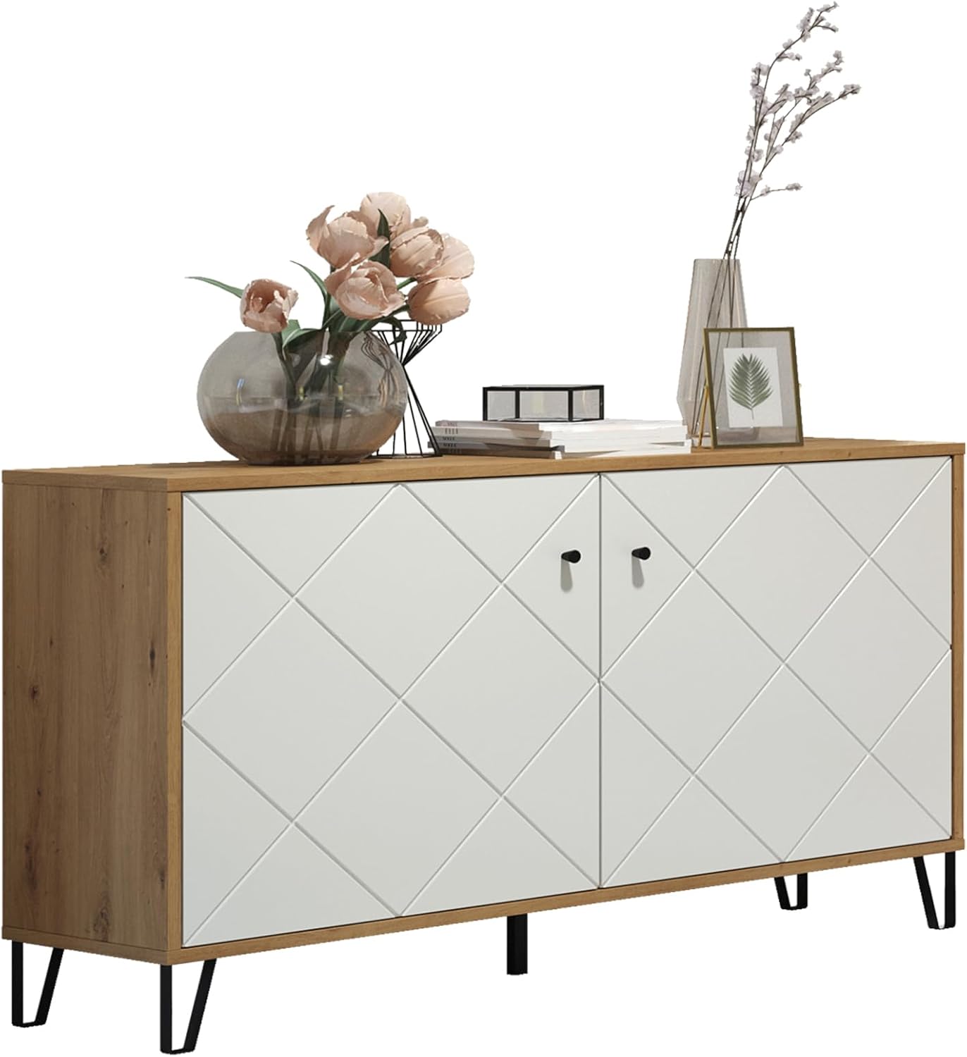 trendteam smart living - Touch - Sideboard - Artisan Eiche/Weiß - Kommode mit 2 Türen und 4 Fächern - (BxHxT) 123 x 76 x 40 cm - Wohnzimmerschrank mit modernen Metallfüßen - kratzfest