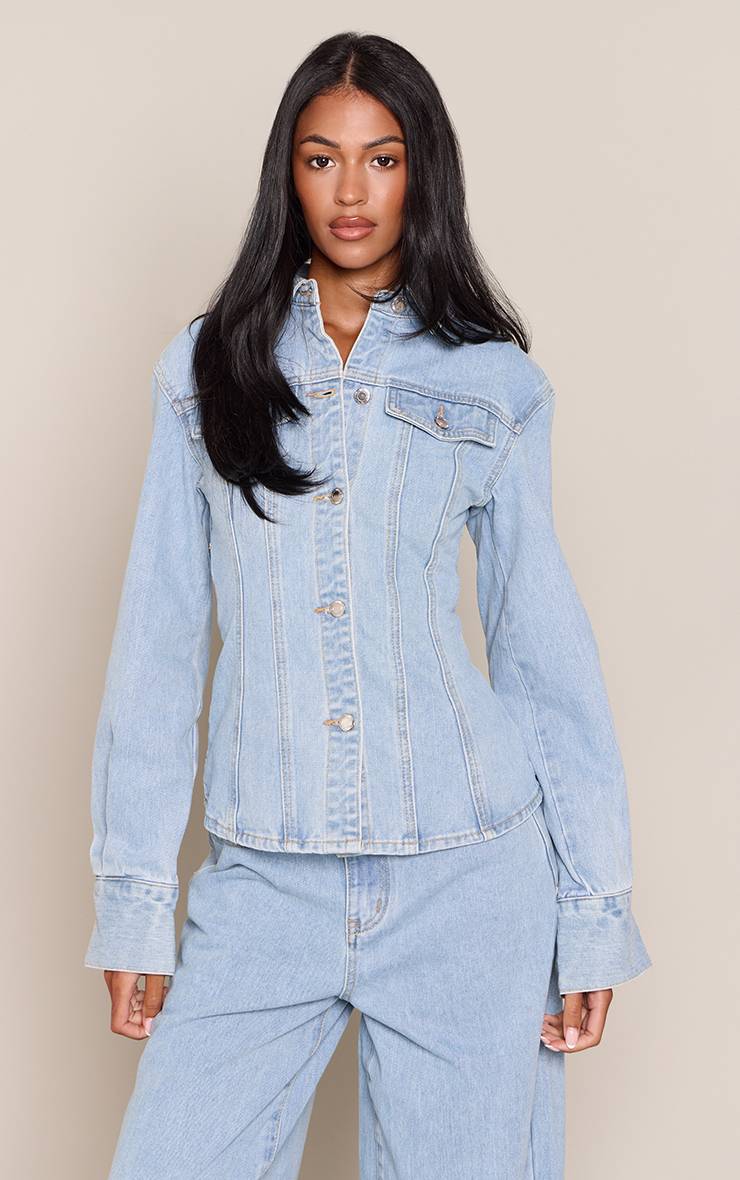 Light Blue Wash Chemise En Jean Cintrée À Manches Longues Tall
