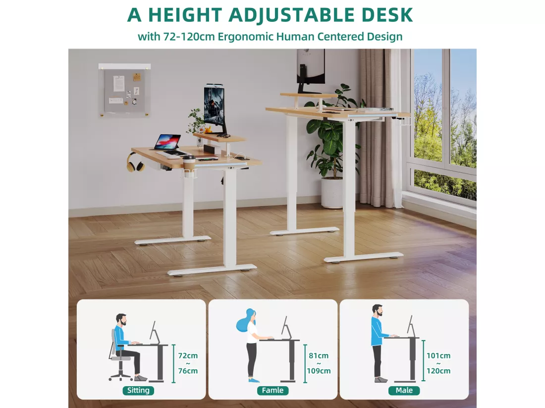 YITAHOME Bureau Réglable en Hauteur 140 x 60 cm- Beige - avec 2 ports de Charge USB - pour Ordinateur avec Barre Lumineuse LED