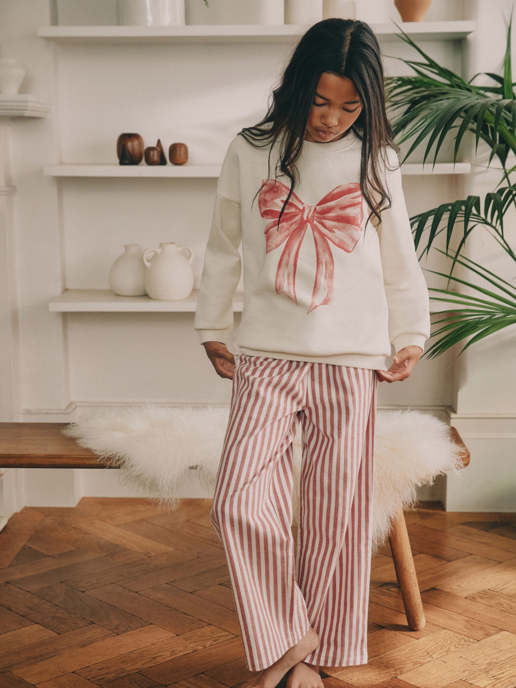 Crème/rode strik - Sweatshirt Pyjama's (2-16jaar)