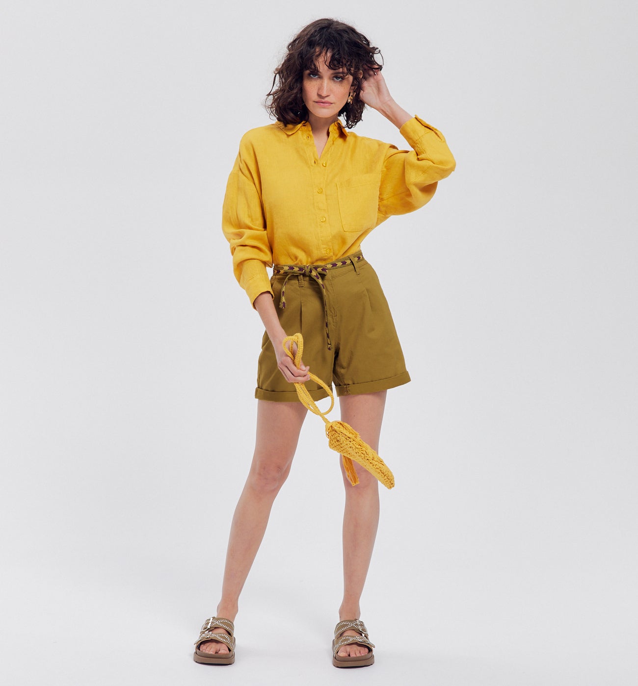 Short en toile + ceinture - Marron