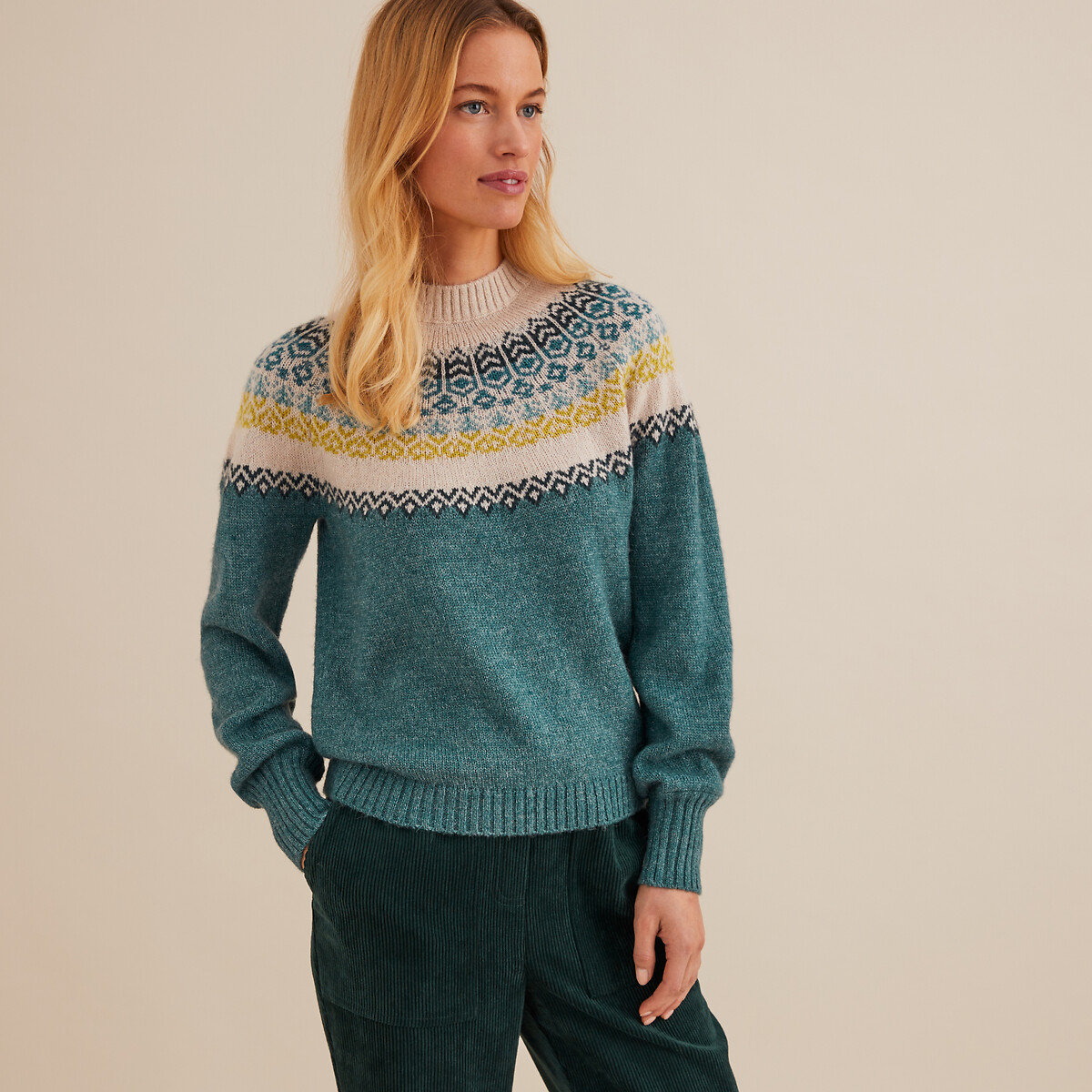 ANNE WEYBURN<br>Suéter jacquard, gola alta, collant grosso
