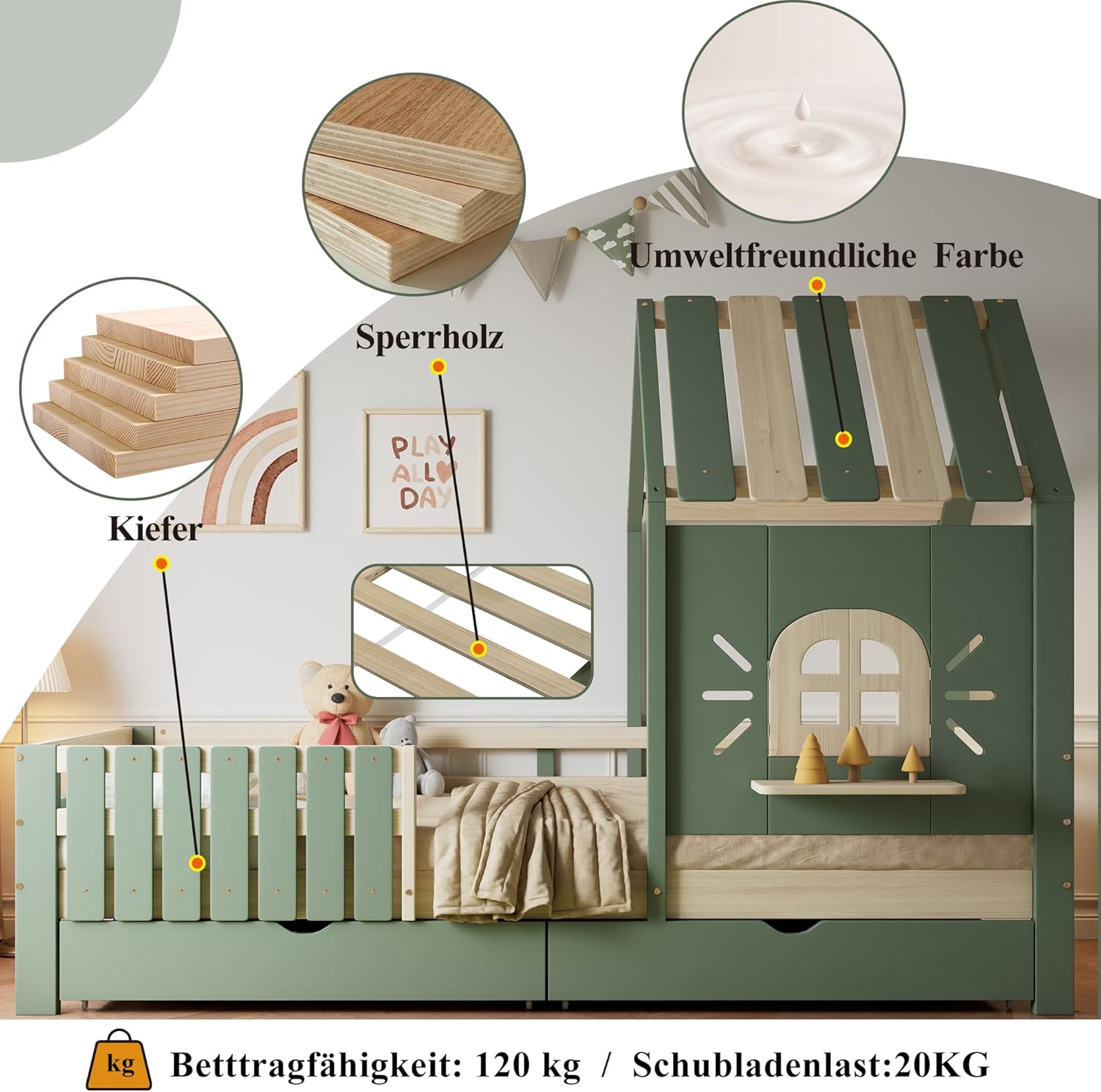 Kinderbett, Hausbett mit Dach und Fenster, Mit Holzfensterbank, Vierseitiger Zaun, mit 2 Schubladen, Kiefer+MDF, Grün+Natur, 90x200cm
