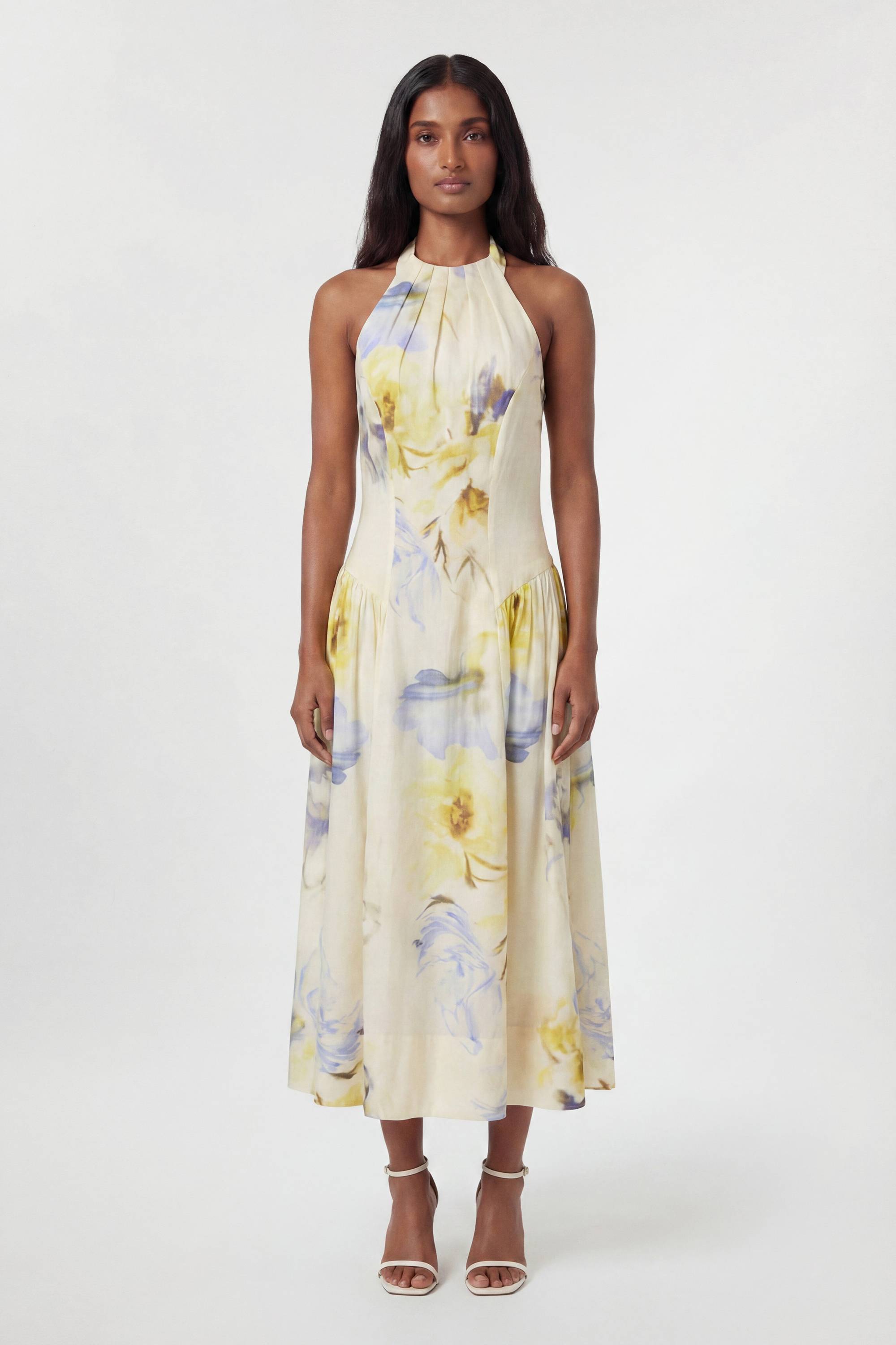 KarenMillen Robe Midi Tissée À Imprimé Floral Bleu Avec Col Licou À Bretelles