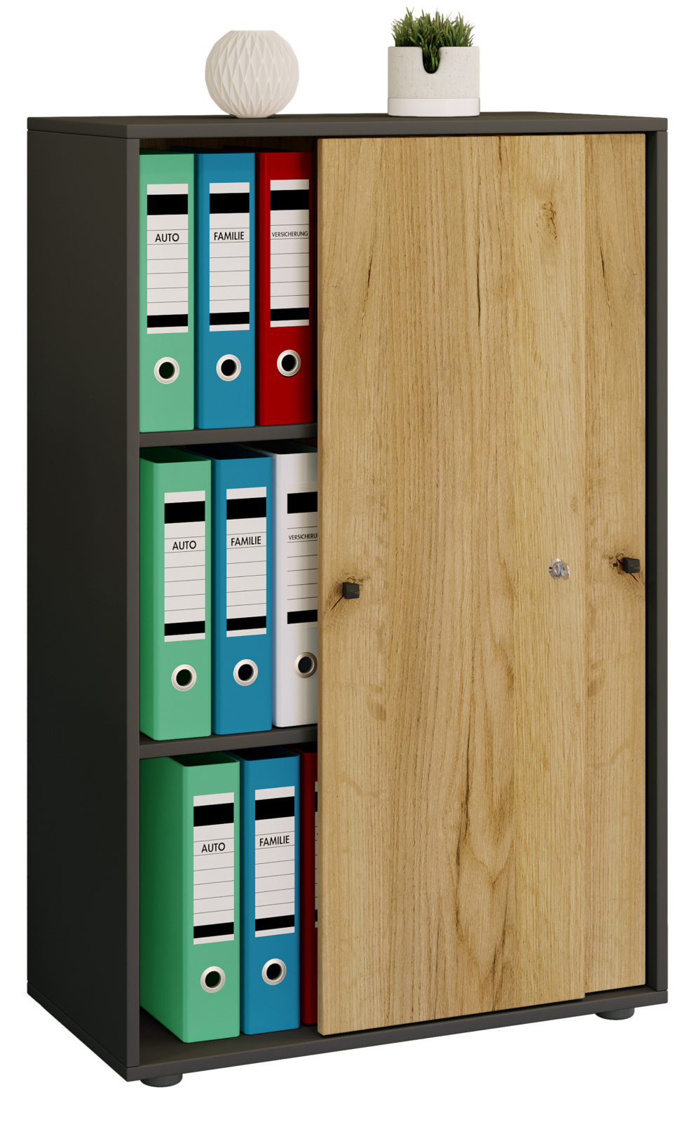 Büroschrank LONA XL - Honig Eiche - anthrazit - mit Schiebetüren - 110 cm hoch