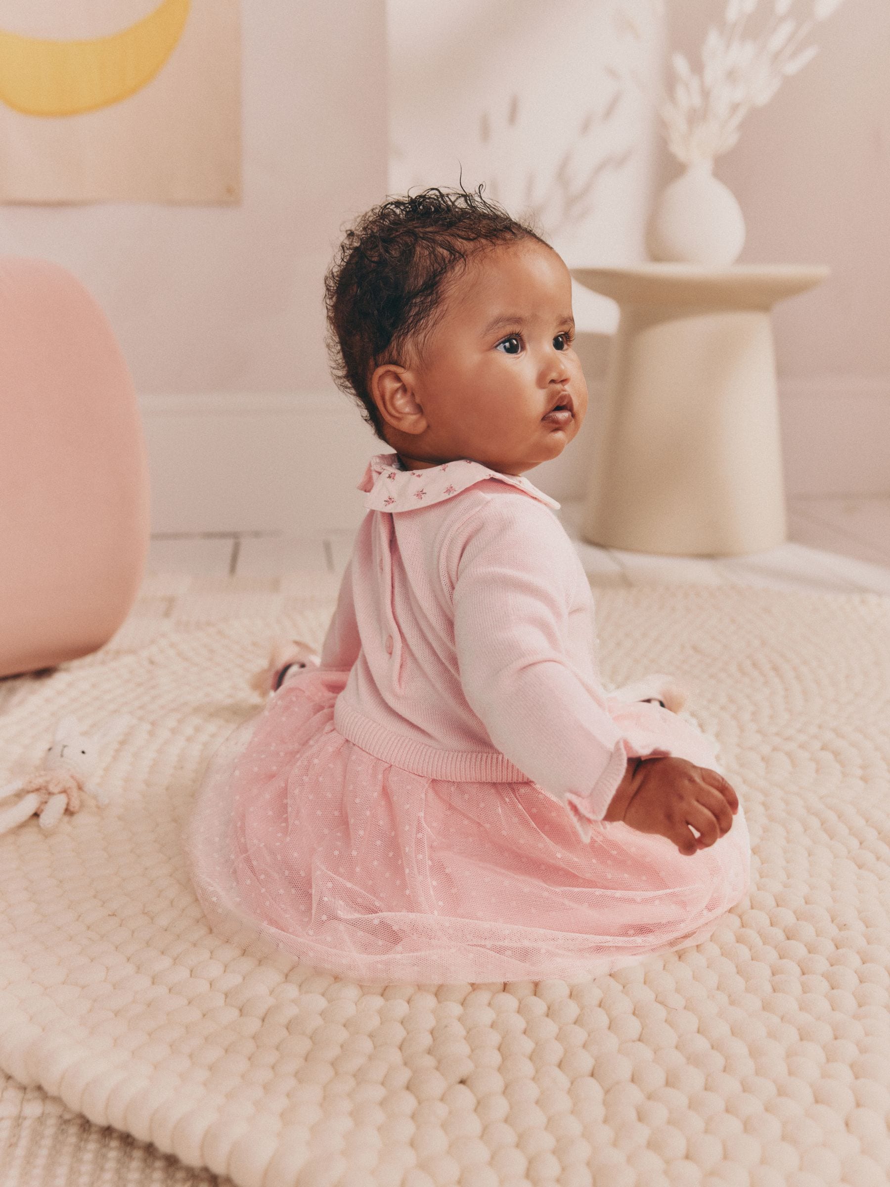 Roze met konijnen - Gebreide tweedelige babyjurk (0mnd-2jr)