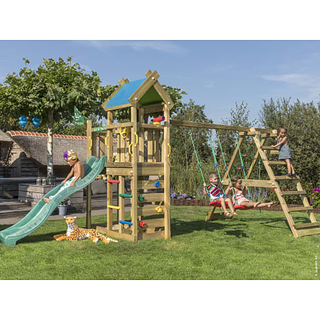 Jungle Gym Nomad med klatrestativ og grøn rutsjebane