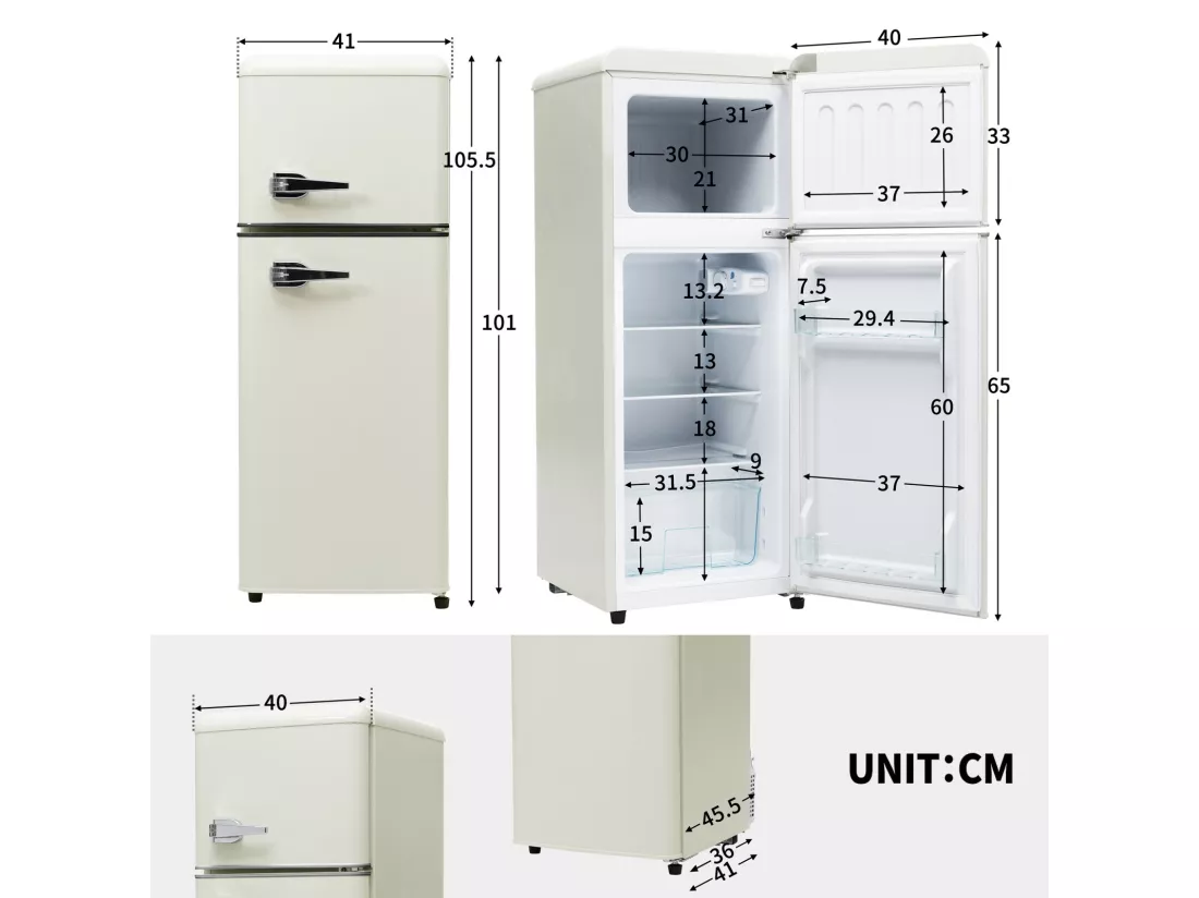 Réfrigérateur deux portes, 28L + 64L, avec 3 étagères et LED, -27°C à 13°C, 116 kWh/an, efficacité énergétique D