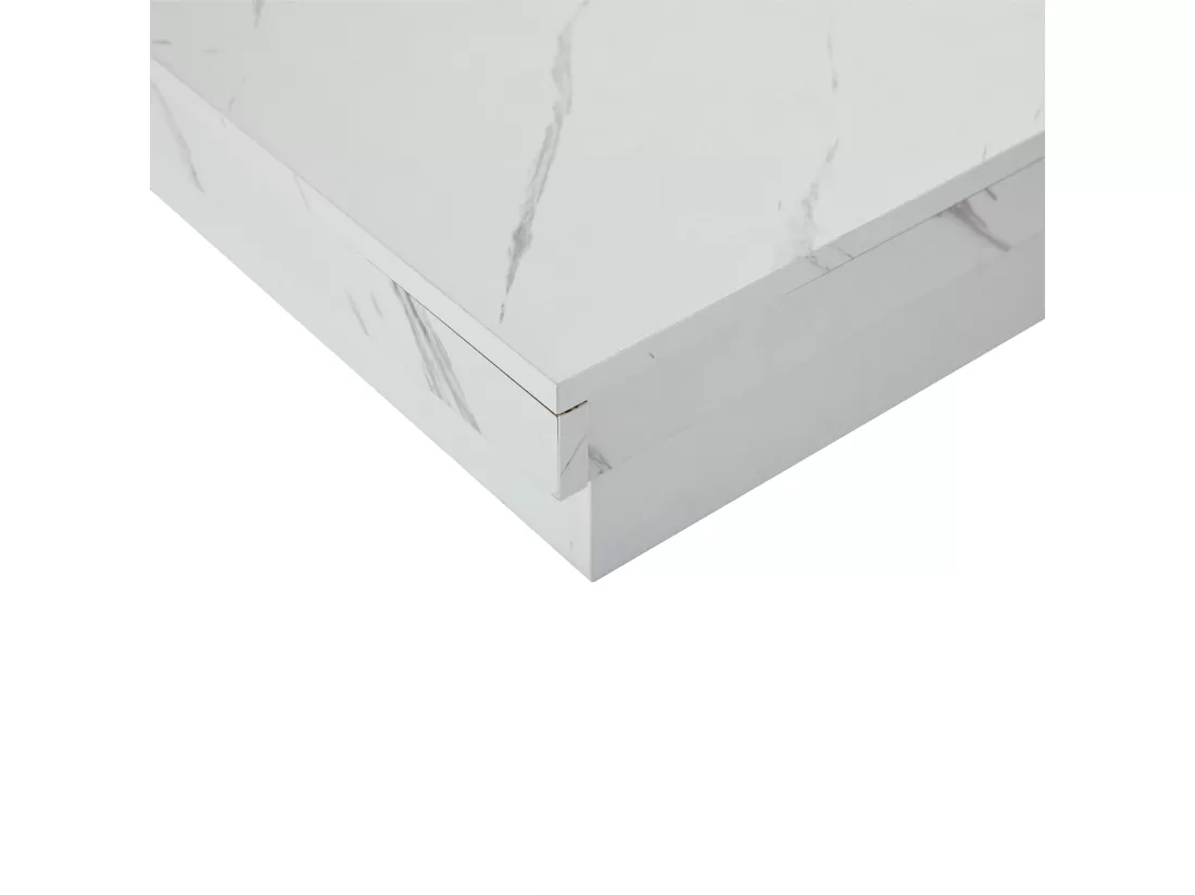 Table basse carrée moderne blanche effet marbre 4 tiroirs plateau coulissant 90x90x25cm Khekried