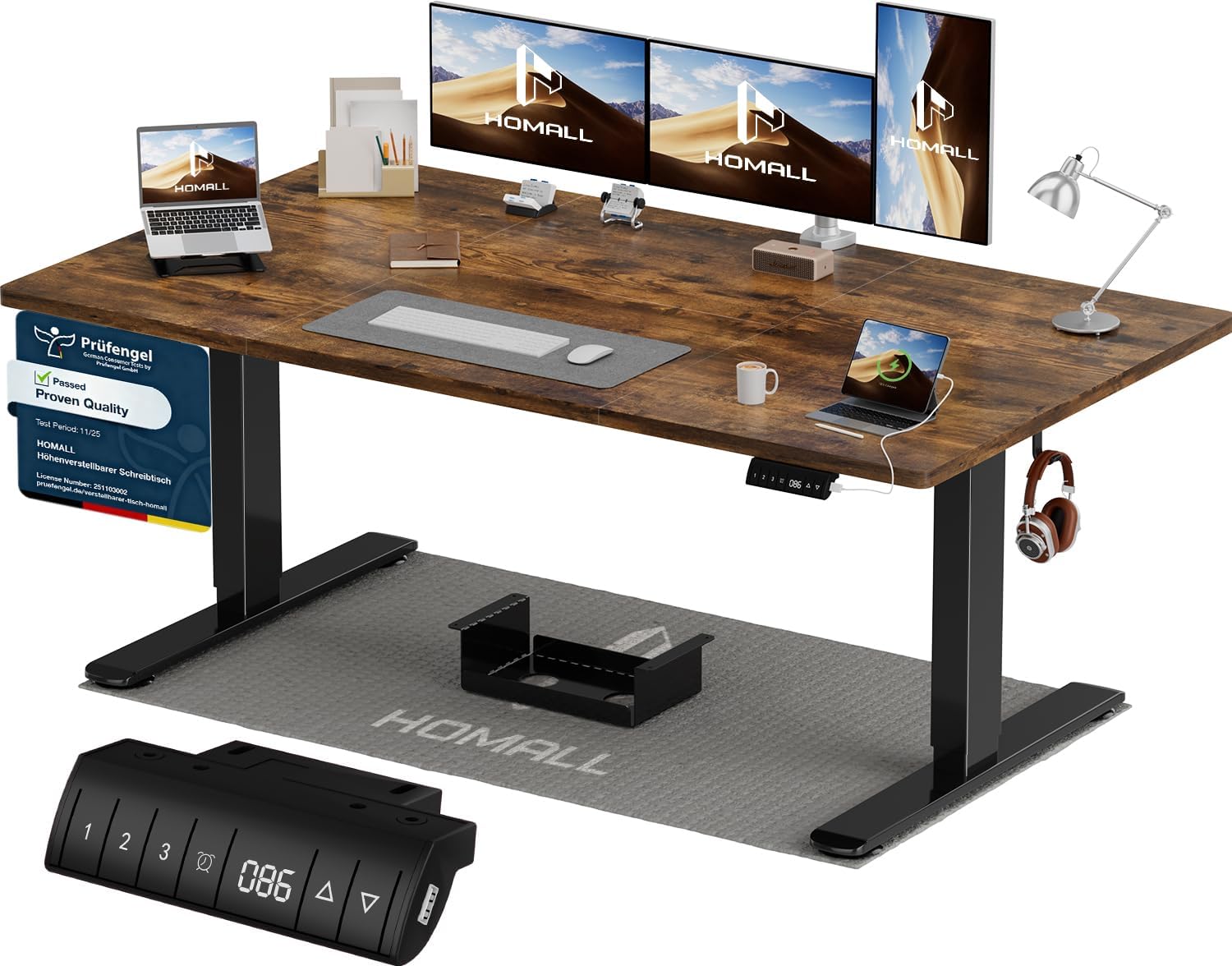 Homall Höhenverstellbarer Schreibtisch 160x80cm mit USB-A Ladeanschluss, Elektrischer Schreibtisch mit Kabel Management Tray, Standing Desk mit 3 Memory Funktion, Computertisch Braun