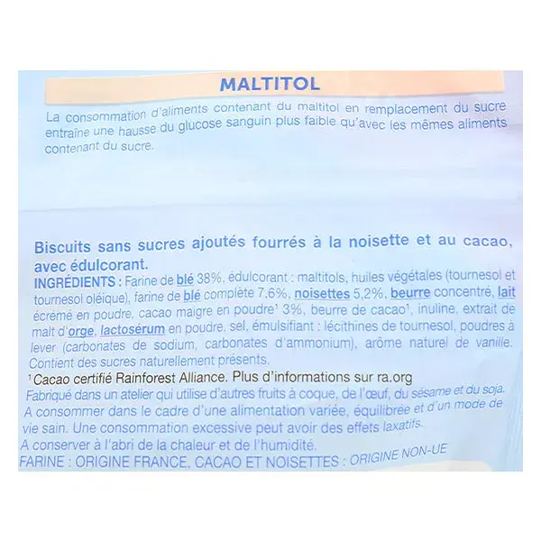 Biscoitos Gerblé recheados com avelã e cacau, sem adição de açúcar, 180g