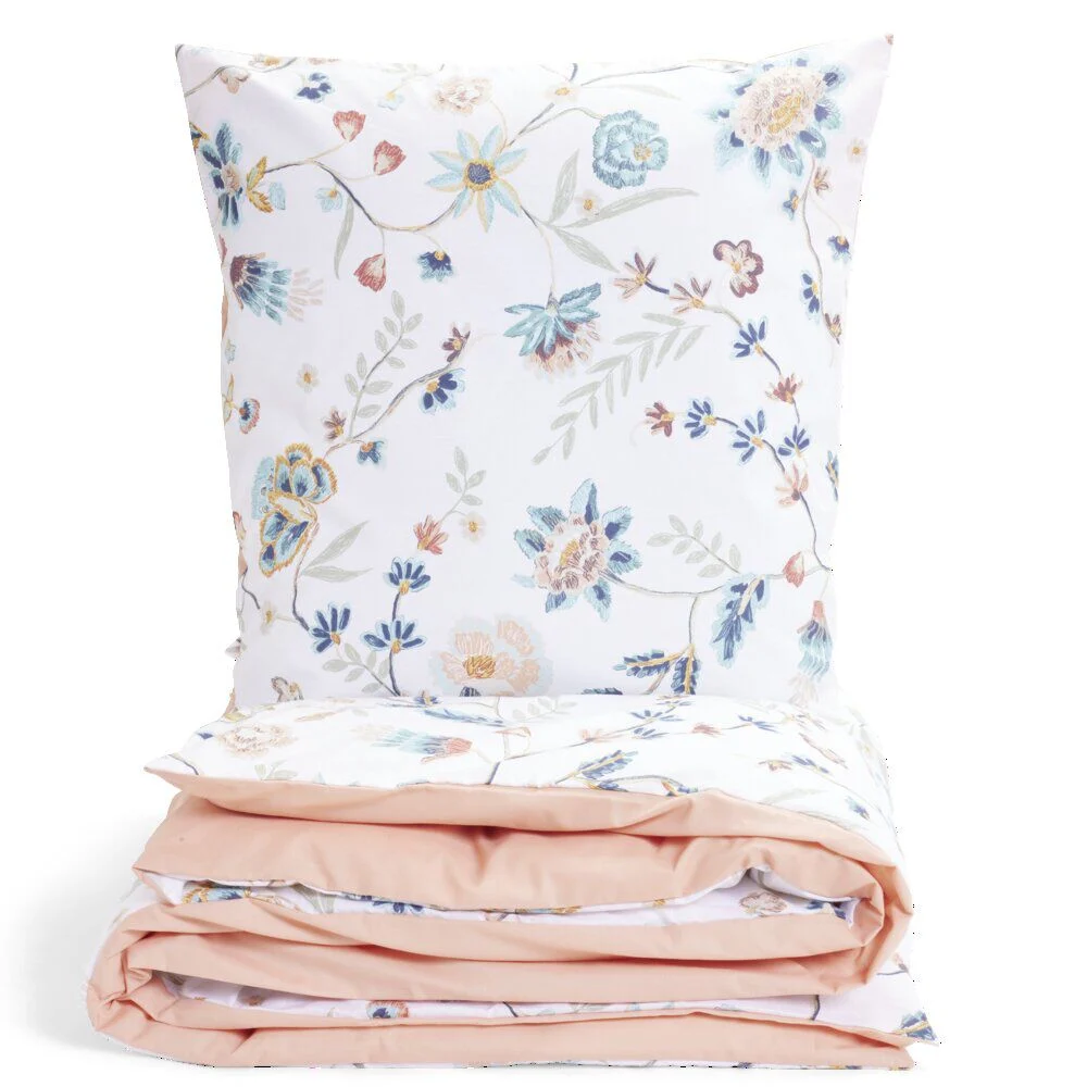 Parure de lit 1 place finition boutons coton imprimé fleuri beige