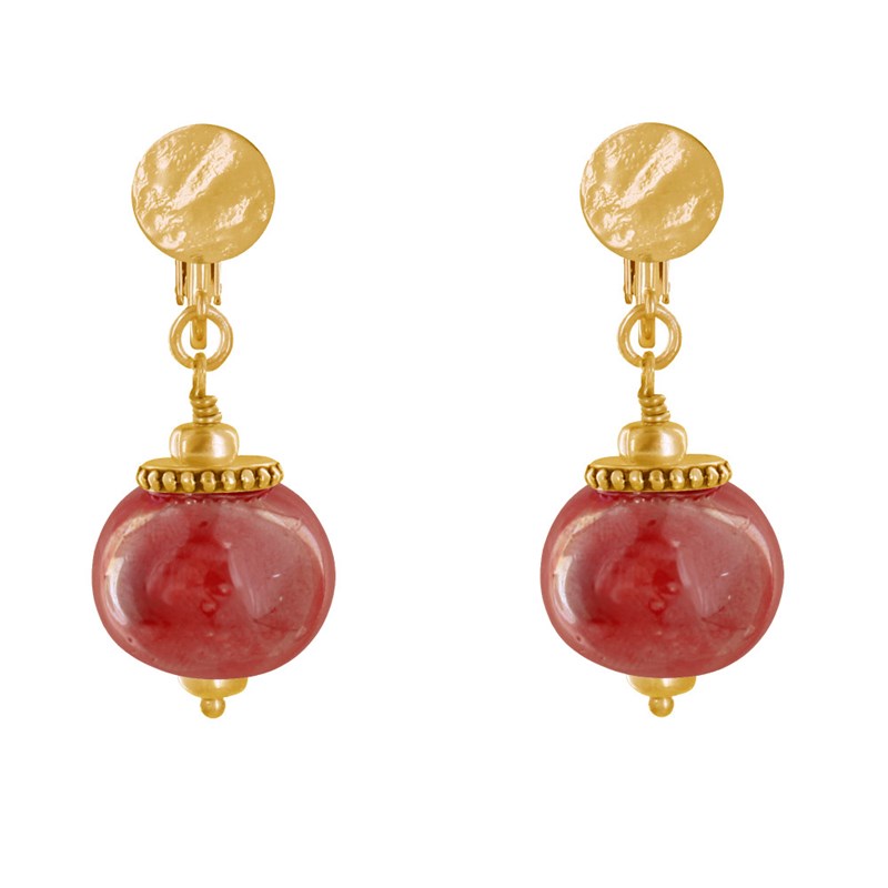 Boucles d'Oreilles Clip Métal Doré et Grosses Perles en Céramique