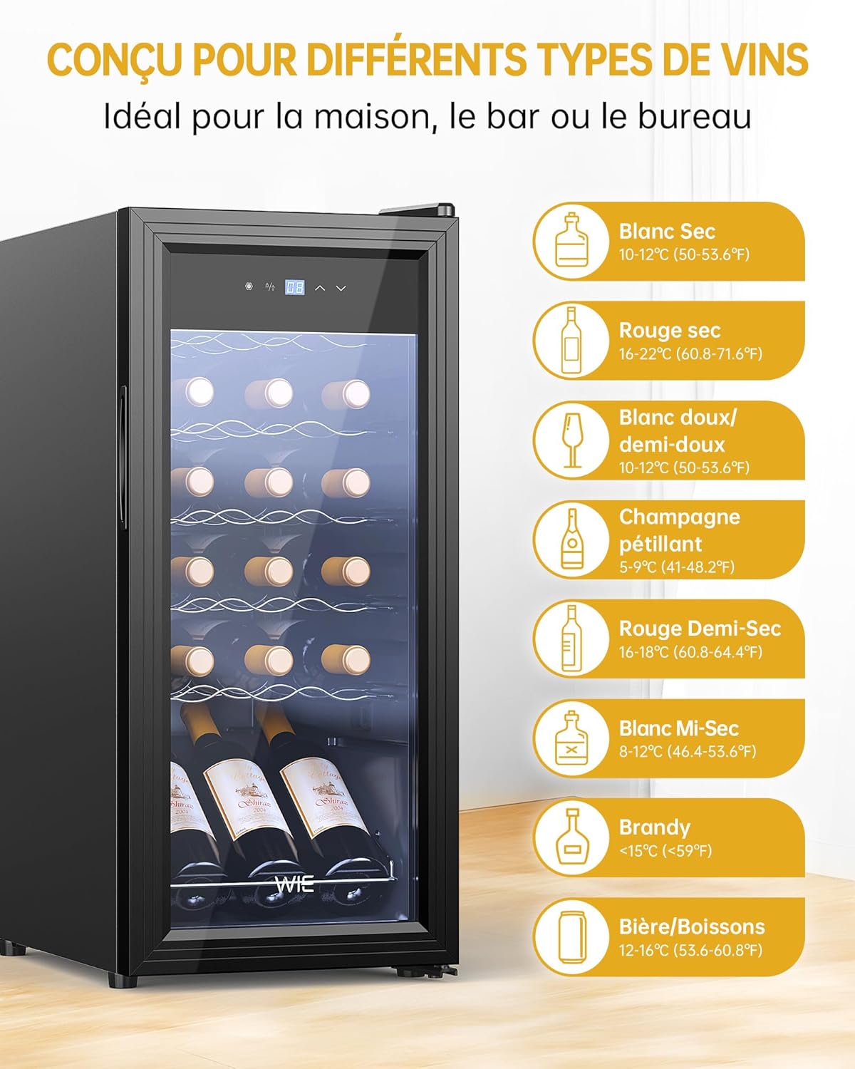WIE Cave à Vin Réfrigérée 18 Bouteilles 53 Litres Réfrigérateur à Vin et Boisson Témpérature 5°C – 18°C Panneau Tactile