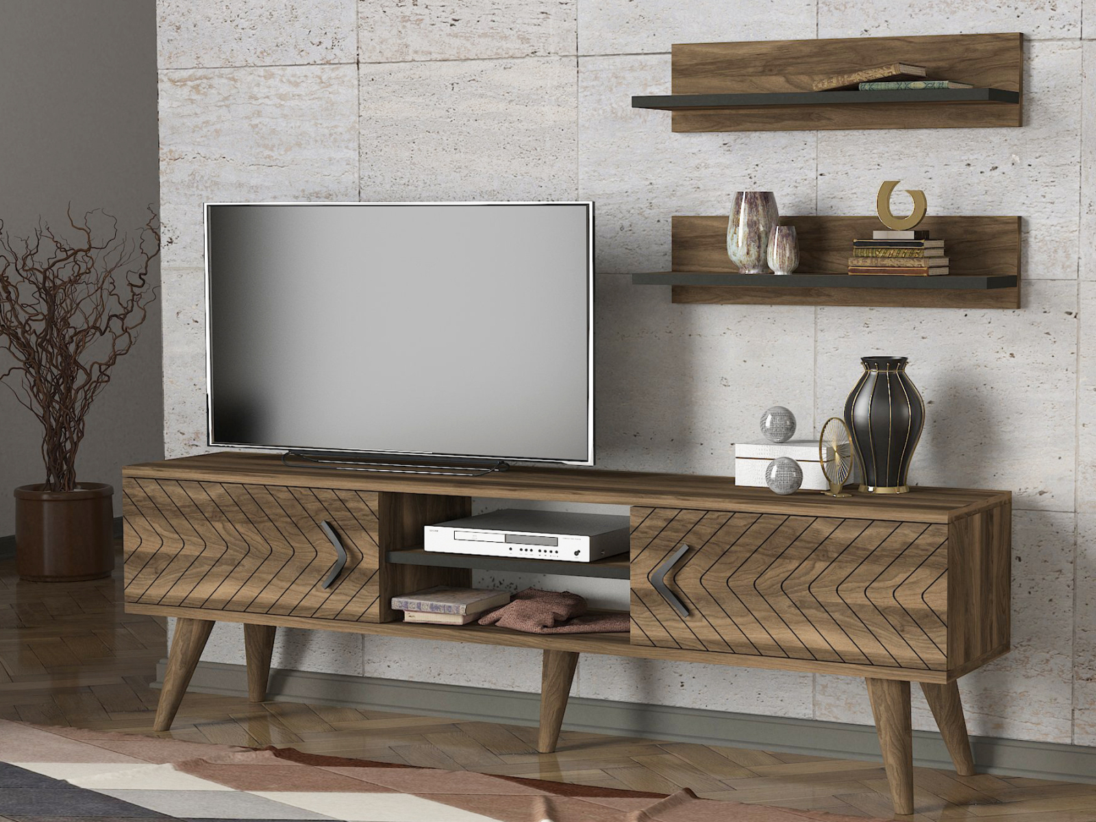 3-teilige Wohnwand- Walnuss - Metallgriffe - 150 cm
