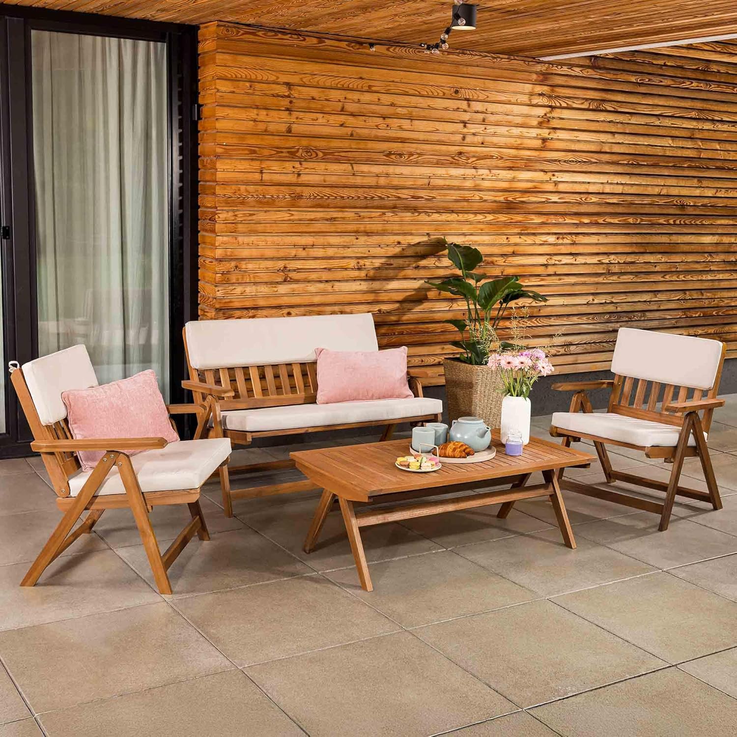 di volio Gartenmöbel Set Lusiano - beige, wetterfeste Garten Möbel aus Akazienholz, 1x Doppelbank, 2X Sessel, 1x Tisch & Bequeme Sitzkissen
