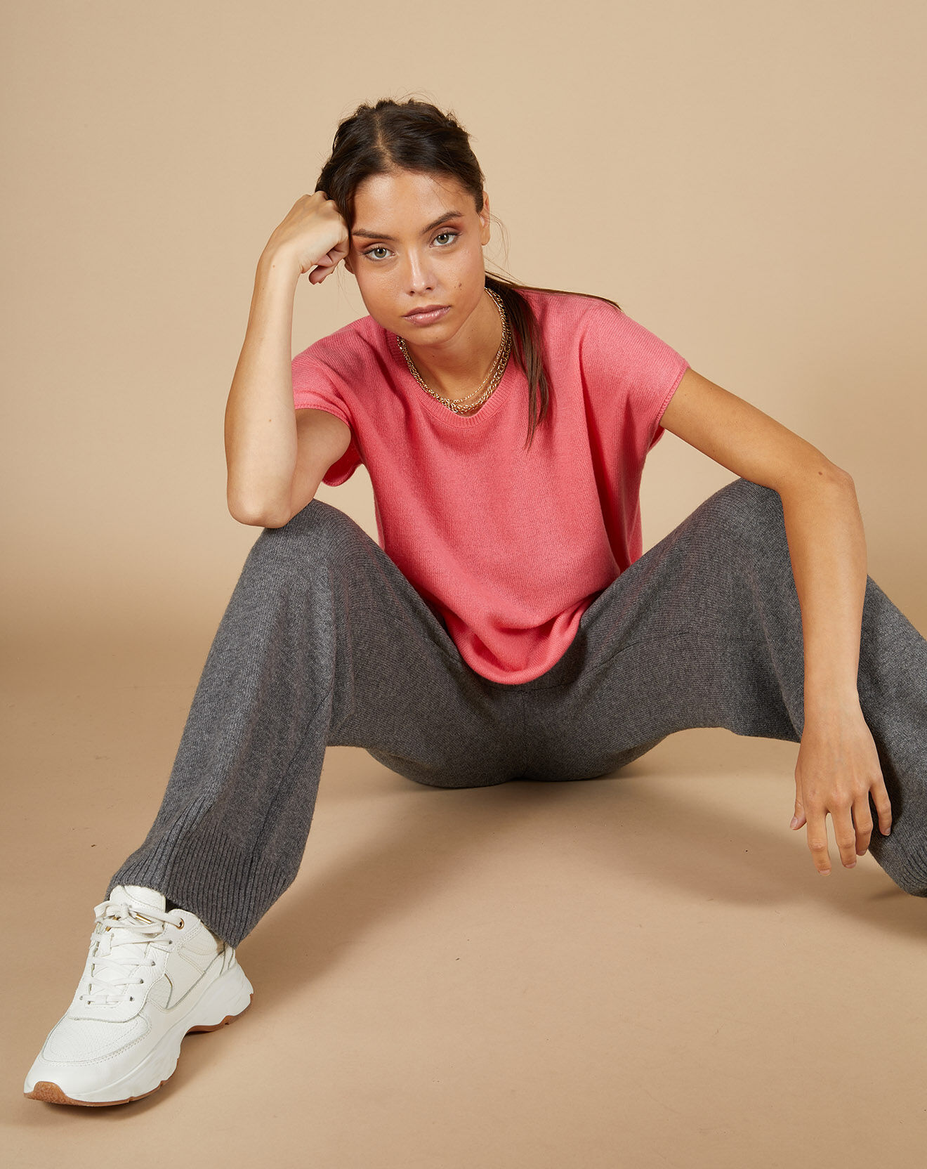 Cashmere Tribu Pull 100% Cachemire Laurène manches courtes rose