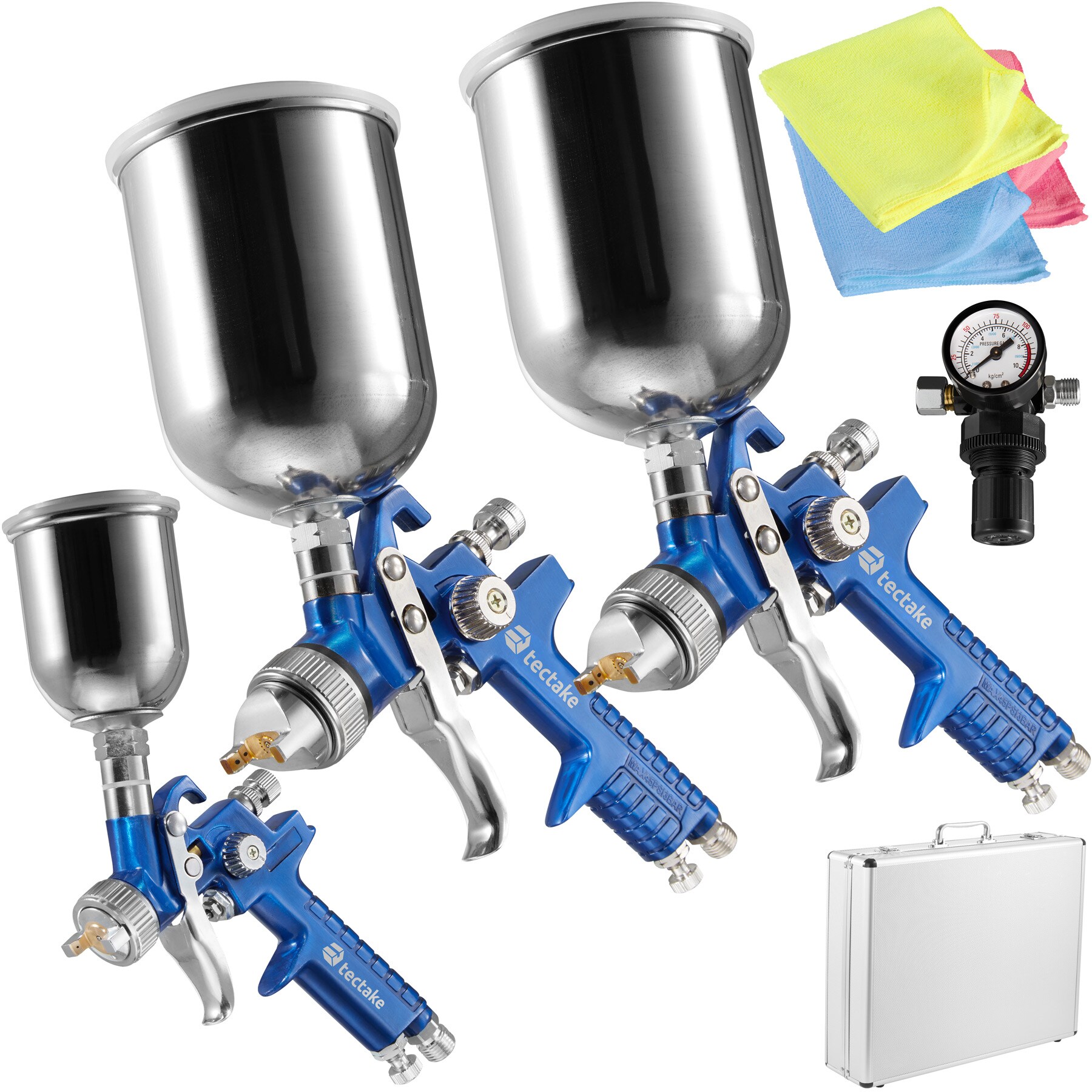 tectake® HVLP-Lackierpistolen-Set, 0,8 / 1,3 / 1,7 mm-Düse, korrosionsbeständig, inklusive Mikrofasertücher und Aluminiumkoffer