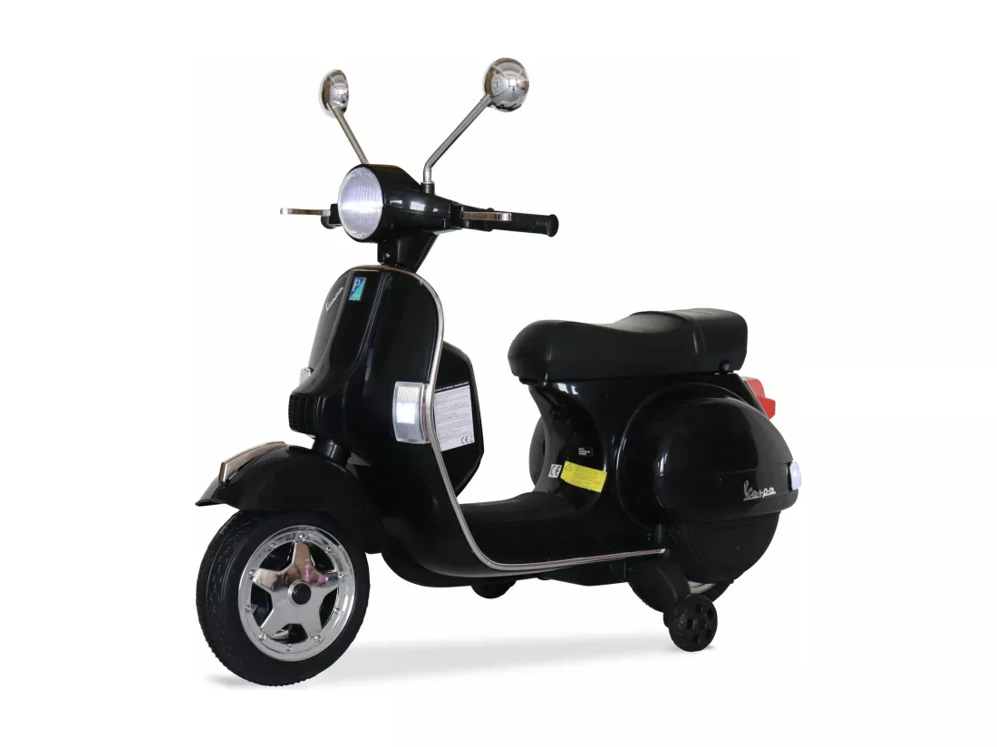 Vespa noire PX150. scooter électrique pour enfants 12V 4.5Ah. 1 place avec autoradio