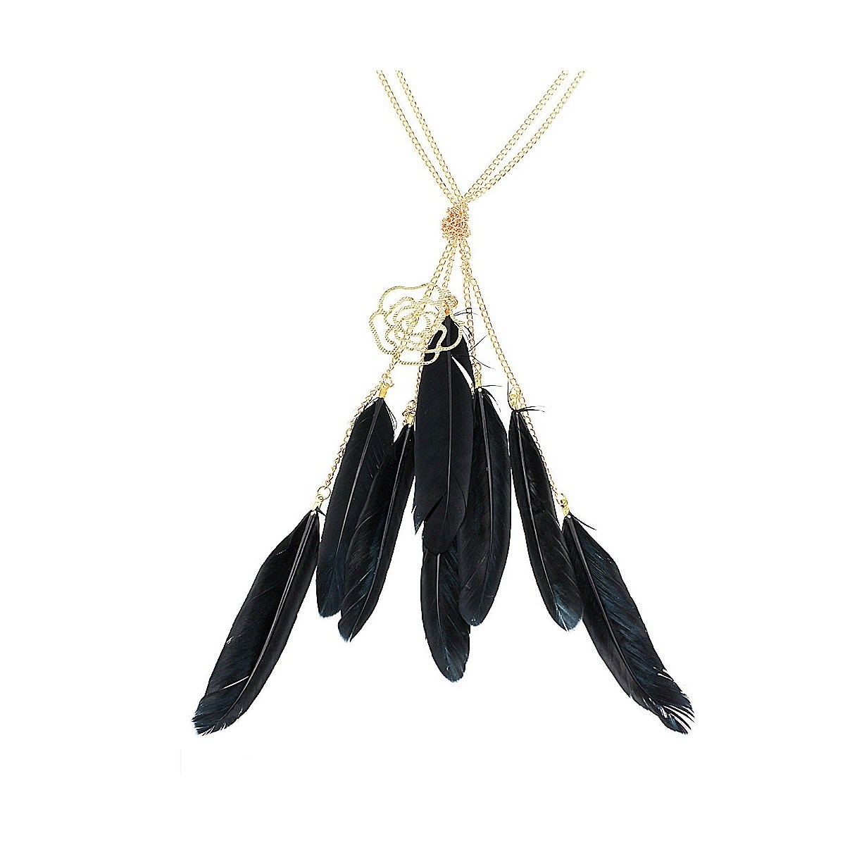 Collier fleur et plumes noires