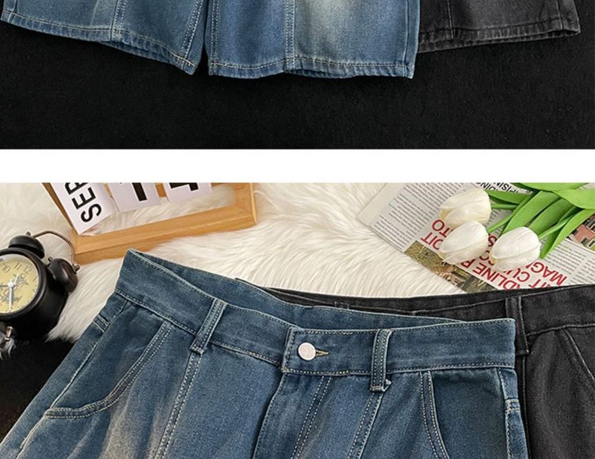Mimiyox - Mid Rise Washed Denim Shorts