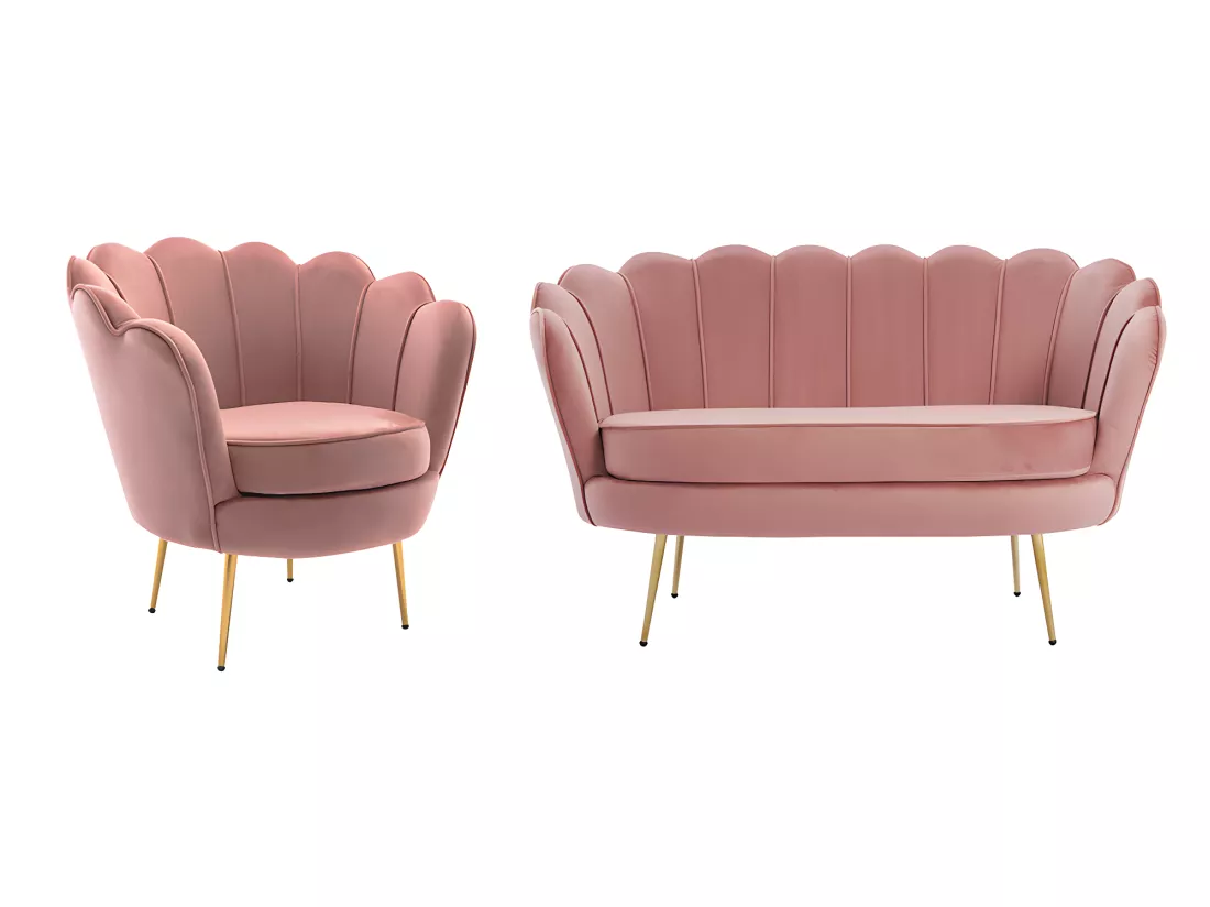 Canapé 2 places et fauteuil coquillage en velours rose DANDELION de Pascal Morabito