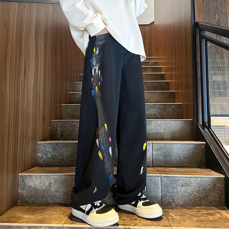 Priam - High Waist Paint Splatter Wide Leg Jeans / Set