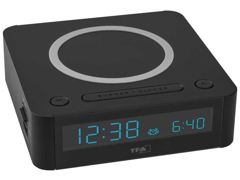TFA Dostmann Digitalwecker Easy Charge Schwarz Digitaler Wecker mit kabelloser Ladestation