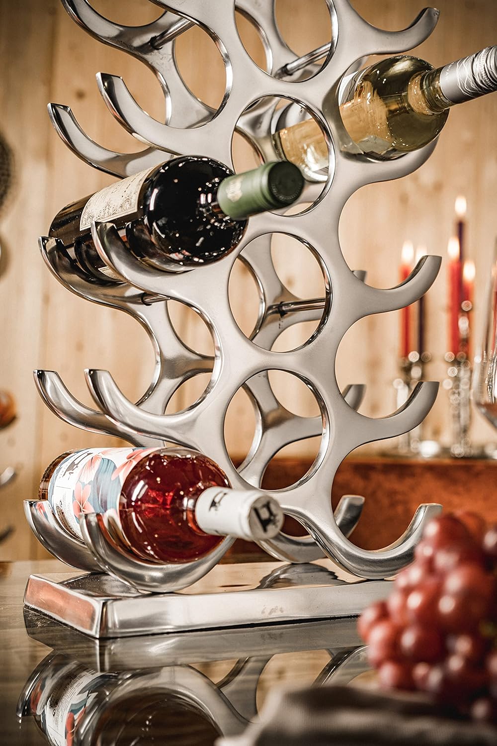 MichaelNoll Weinregal Flaschenregal Flasche Aluminium Silber Luxus - Weinständer, Regal Modern aus Metall - Flaschenhalter/Flaschenständer für Flaschen Sekt, Wein und Champagner - 60 cm XL