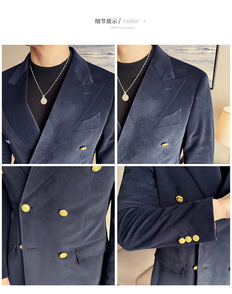 Lefitt - Set: Peak Lapel Plain Double-Breasted Blazer + High Waist Cropped Tapered Pants
