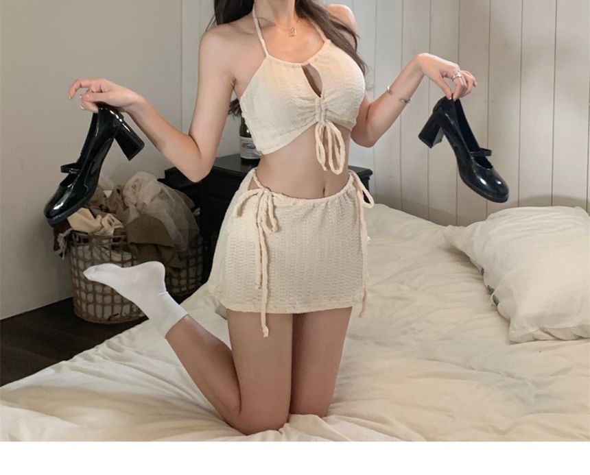 SANQI - Set: Halter Bikinitop met sleutelgat en trekkoord + Broekje + Zwemrok