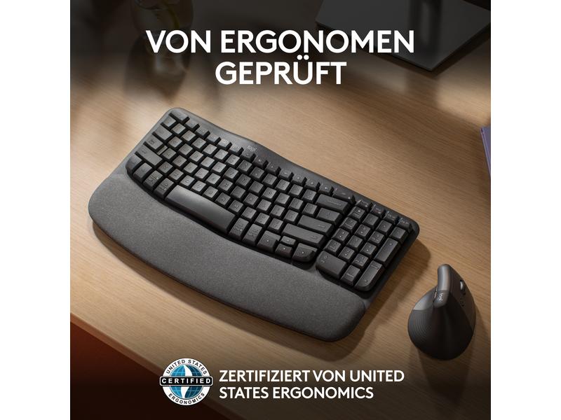 Logitech Tastatur Wave Keys Kabellose ergonomische Tastatur mit gepolsterter Handballenauflage