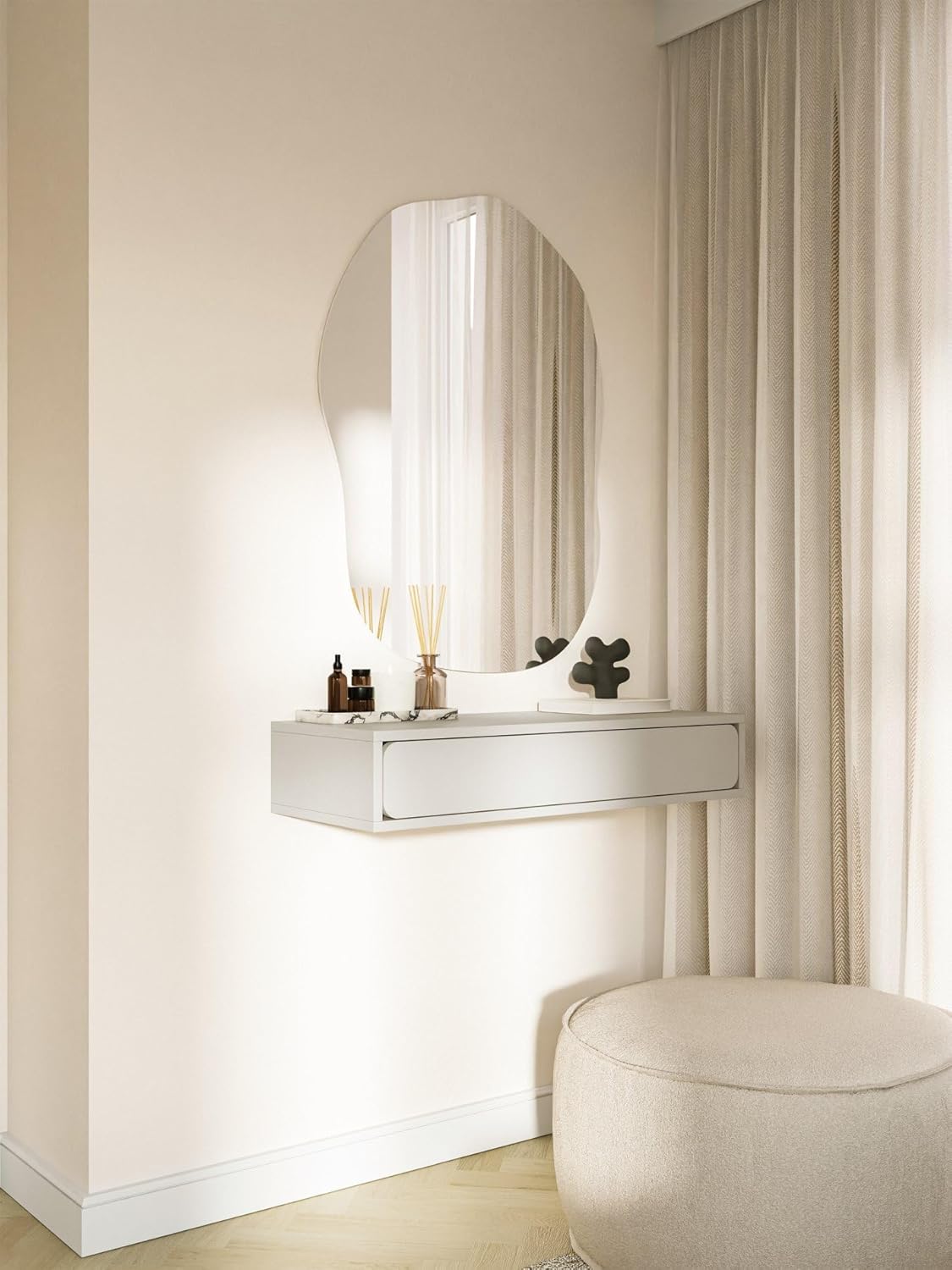 Selsey Konsolentisch 90 x 35 x 17 cm, Minimalistisches Design mit Schublade, Hängeschublade für Wohnzimmer oder Flur, Robuste Laminatspanplatte, Graubeige, Stilvoller Flur Möbel Set