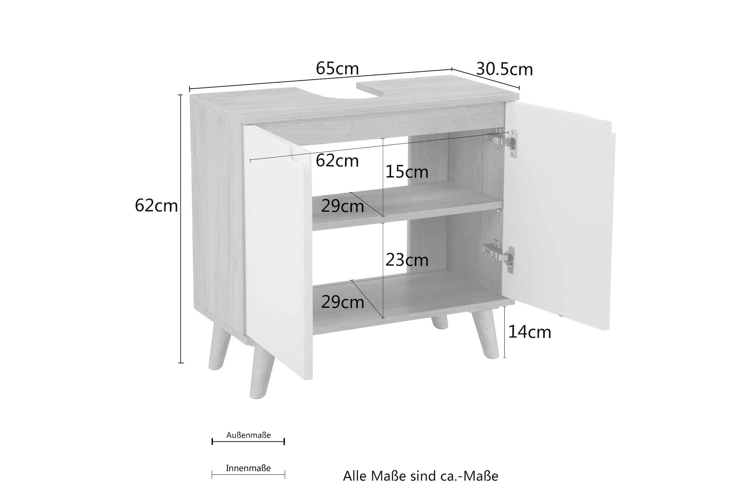 welltime Waschbeckenunterschrank »Lund Badunterschrank für wandhängende Waschbecken WC Unterschrank« Badezimmerschrank WBU Breite 65cm mit Siphonausschnitt Badschrank