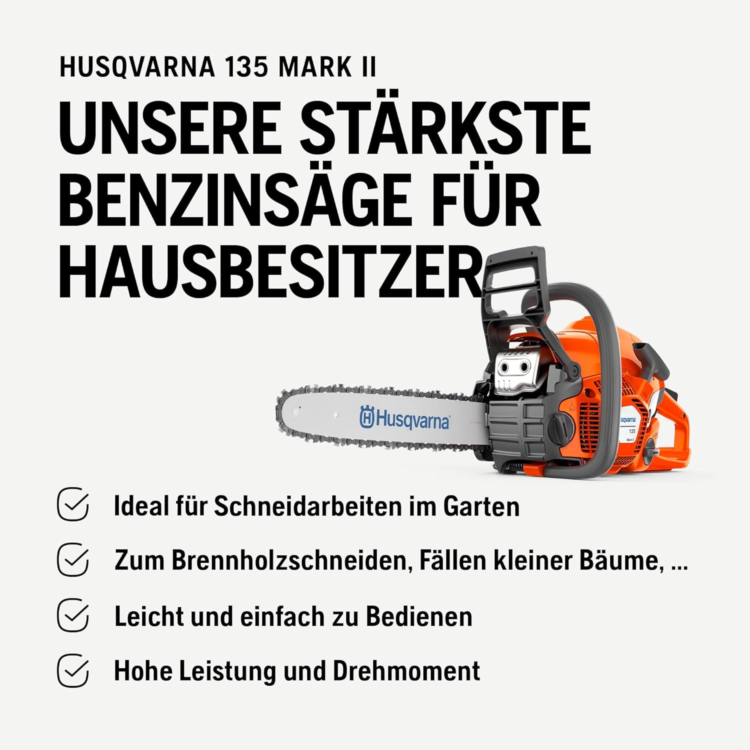 Husqvarna 135 Mark II Benzin-Kettensäge - 38 cc X-Torq® Motor, 14″-Schwert, LowVib®, Smart Start®, Air Injection™, ideal für Brennholz, Baumschnitt und Gartenpflege