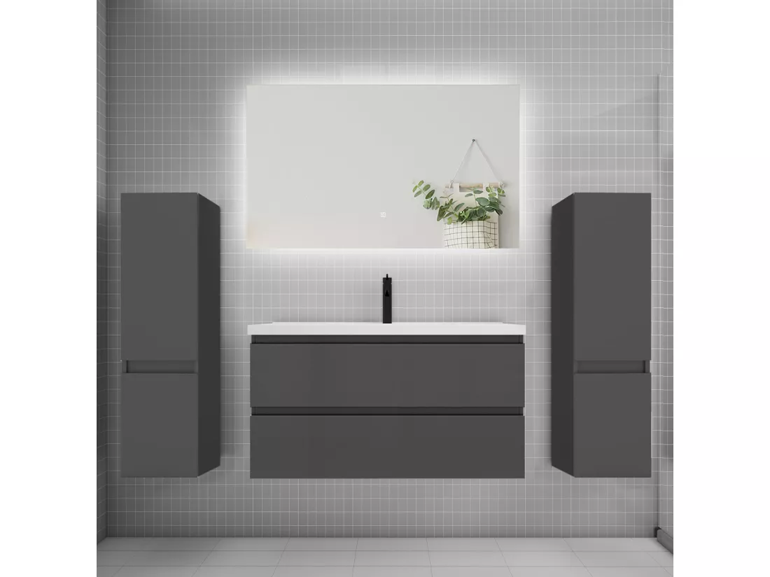 Ensemble meuble vasque L.100cm 2 tiroirs + lavabo + colonne + miroir 100cm,anthracite