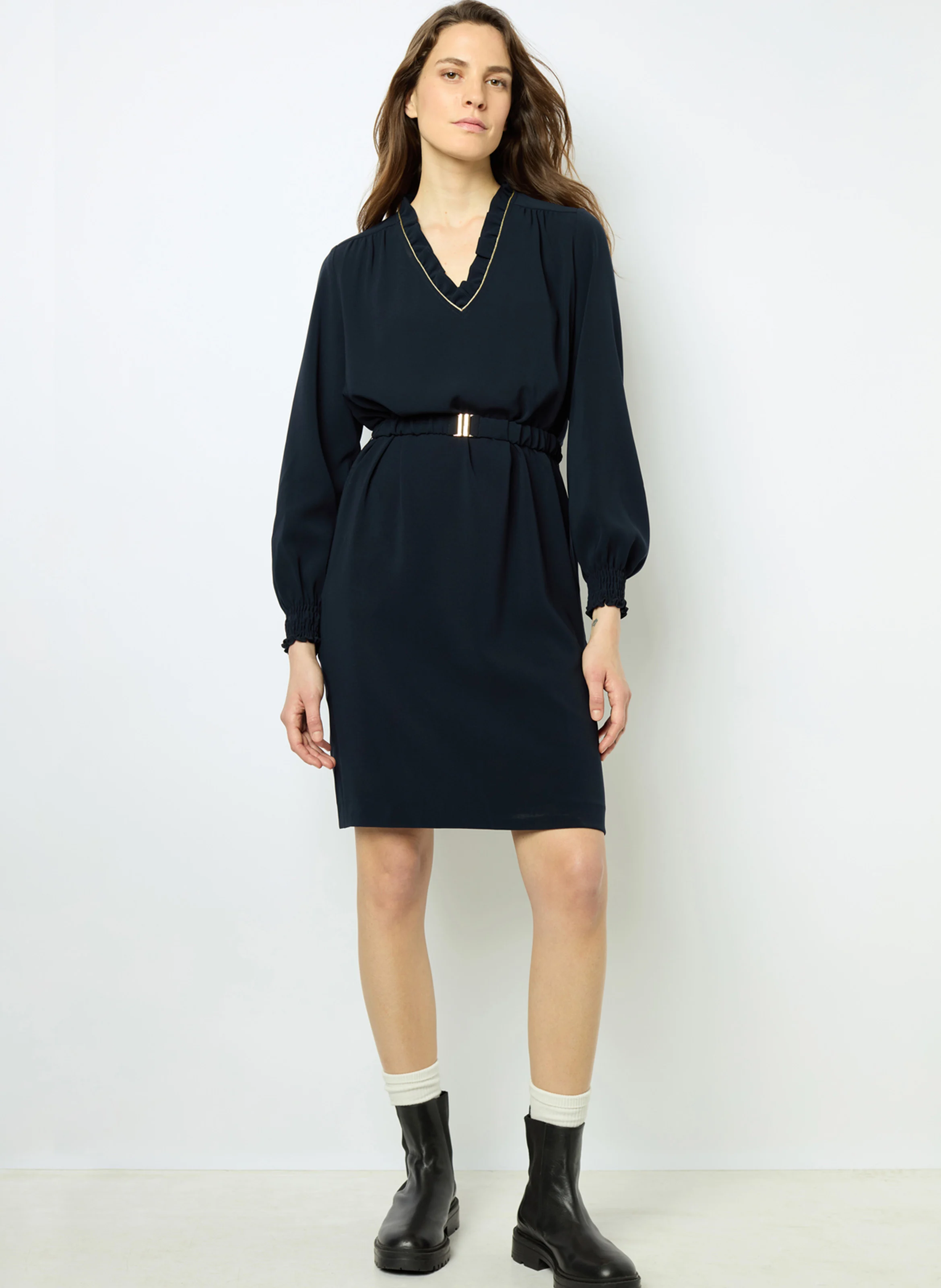 SIENNA - Robe courte droite à col V | Bleu