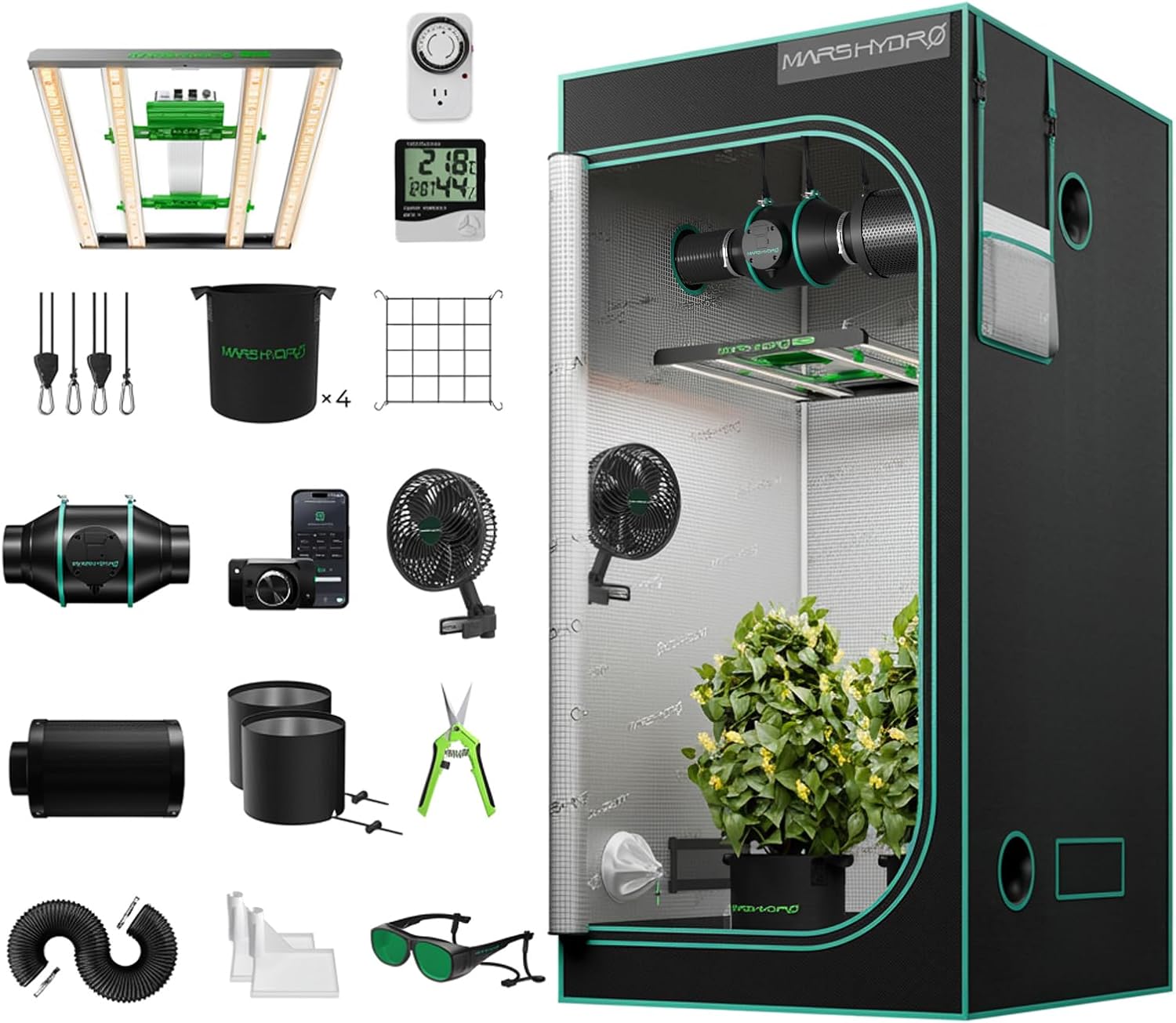 MARS HYDRO Growzelt Komplettset mit FC3000 Samsung LM301H App-Regelung Dimmbarer LED Grow Lampe,100X100X180cm 1680D Hoch Reflektierend Mylar Grow Box Komplettset,4