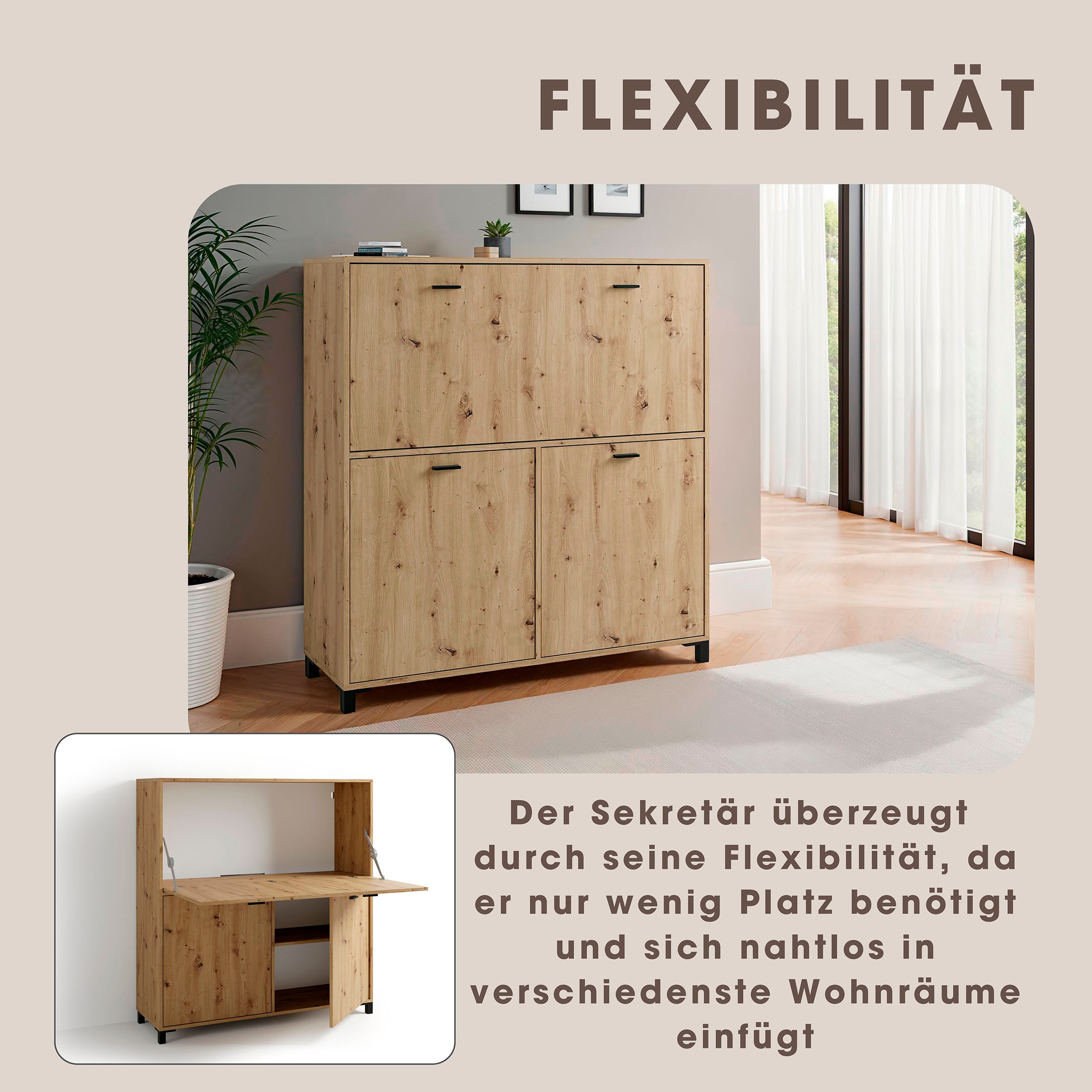 byLIVING Sekretär »Montana« platzsparende Arbeitslösung mit viel Stauraum, Breite 120 cm
