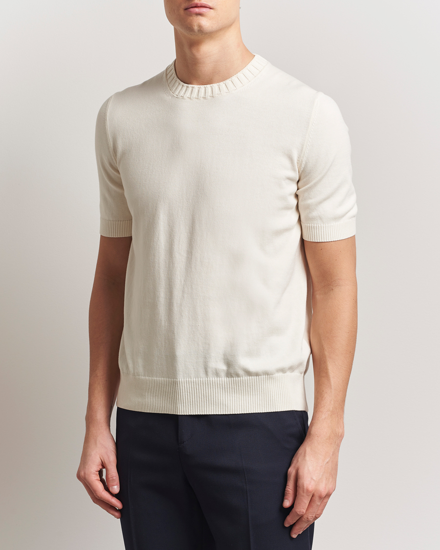 Gran Sasso Cotton Heavy Knitted Crew Neck T-Shirt Cream