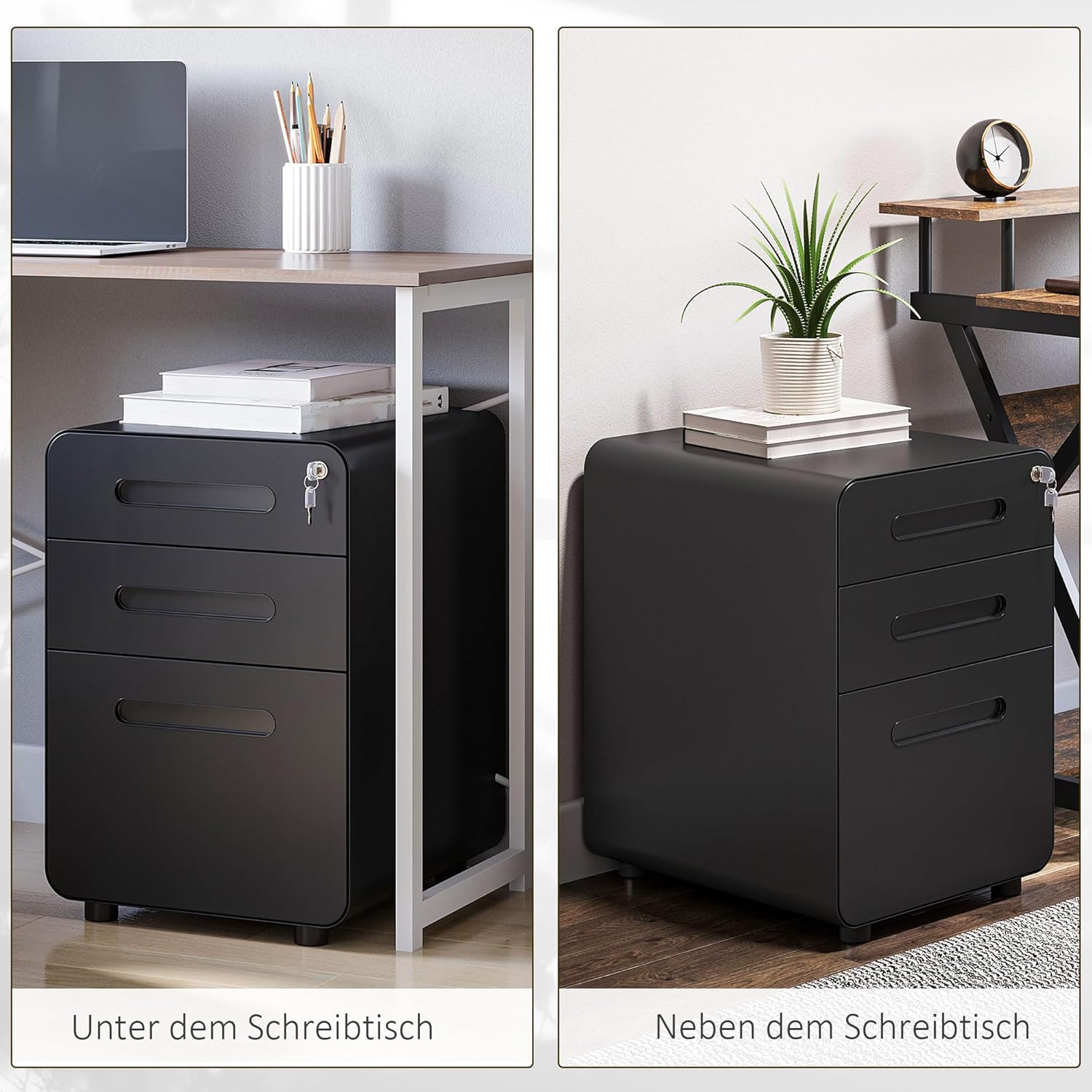 Vinsetto Rollcontainer mit 3 Schubladen mobiler Aktenschrank mit Rollen abschließbar Büroschrank mit Hängeregistratur Stiftfach, Bürocontainer Schreibtisch Unterschrank für Büro 39x48x59cm Schwarz PG2164341