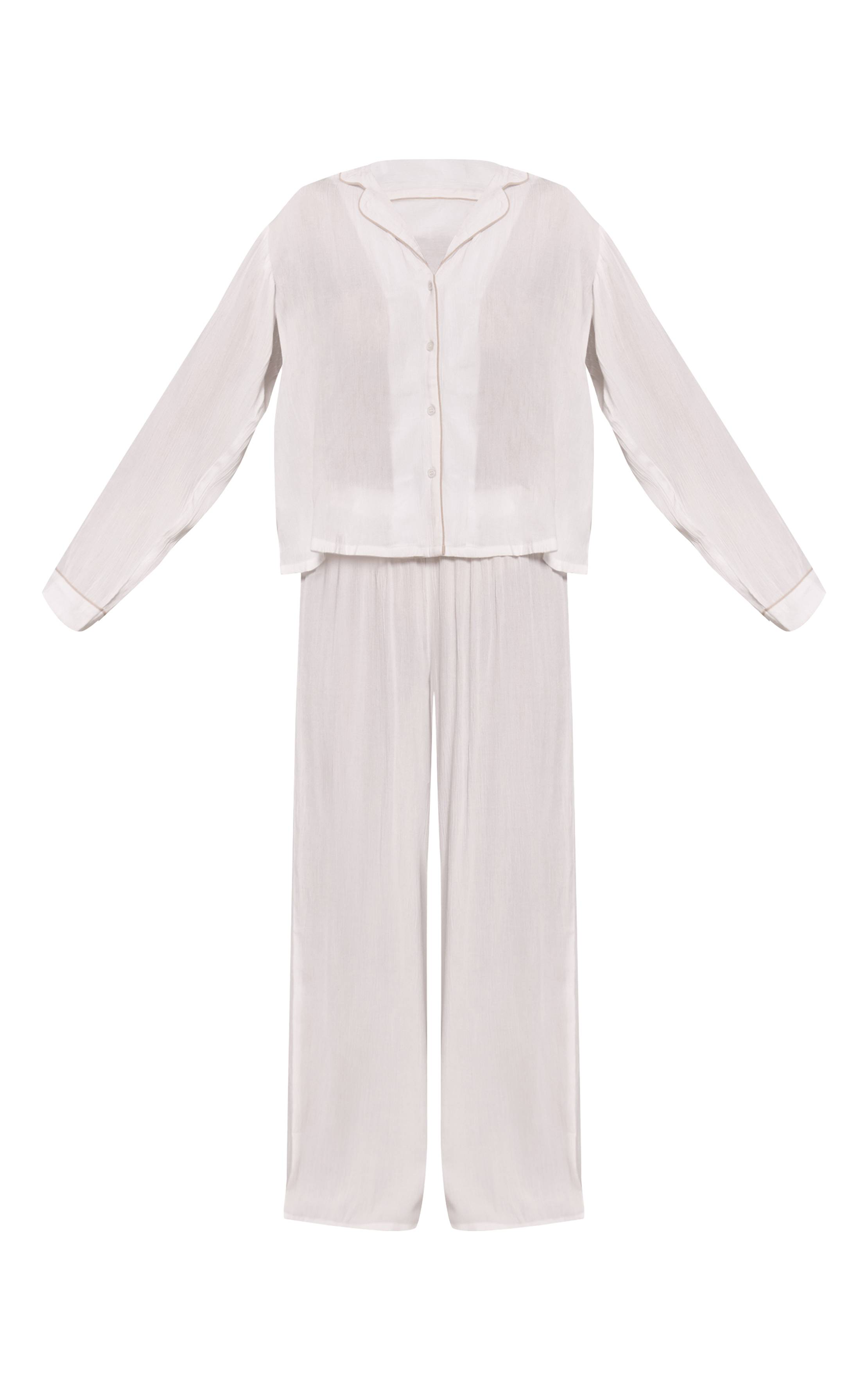 Blanc Ensemble Pyjama Long Froissé À Passepoil Contrasté