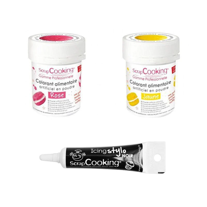 2 colorants alimentaires rose-jaune + Stylo glaçage noir Scrapcooking