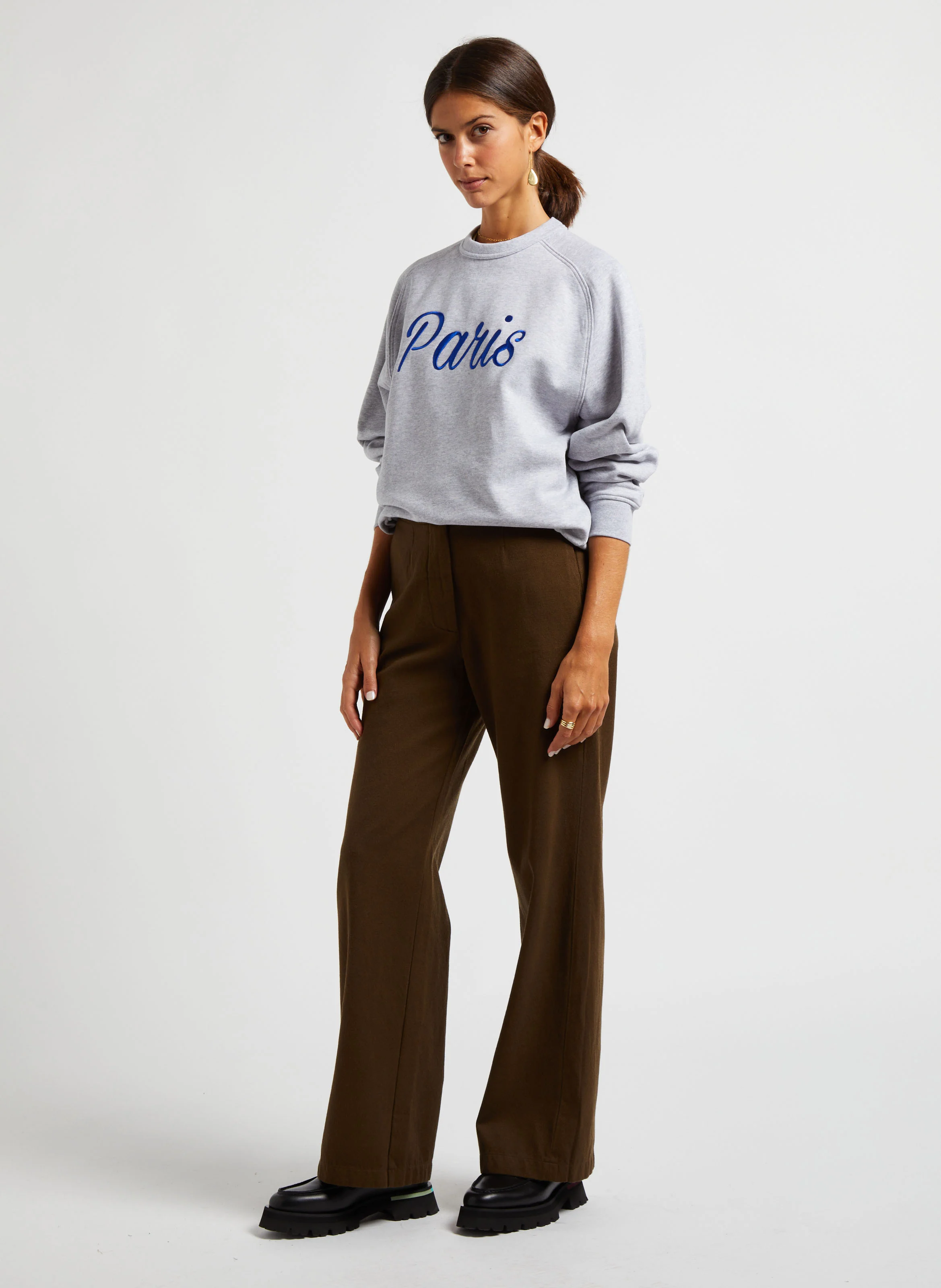 Pantalon large en laine et coton| Vert